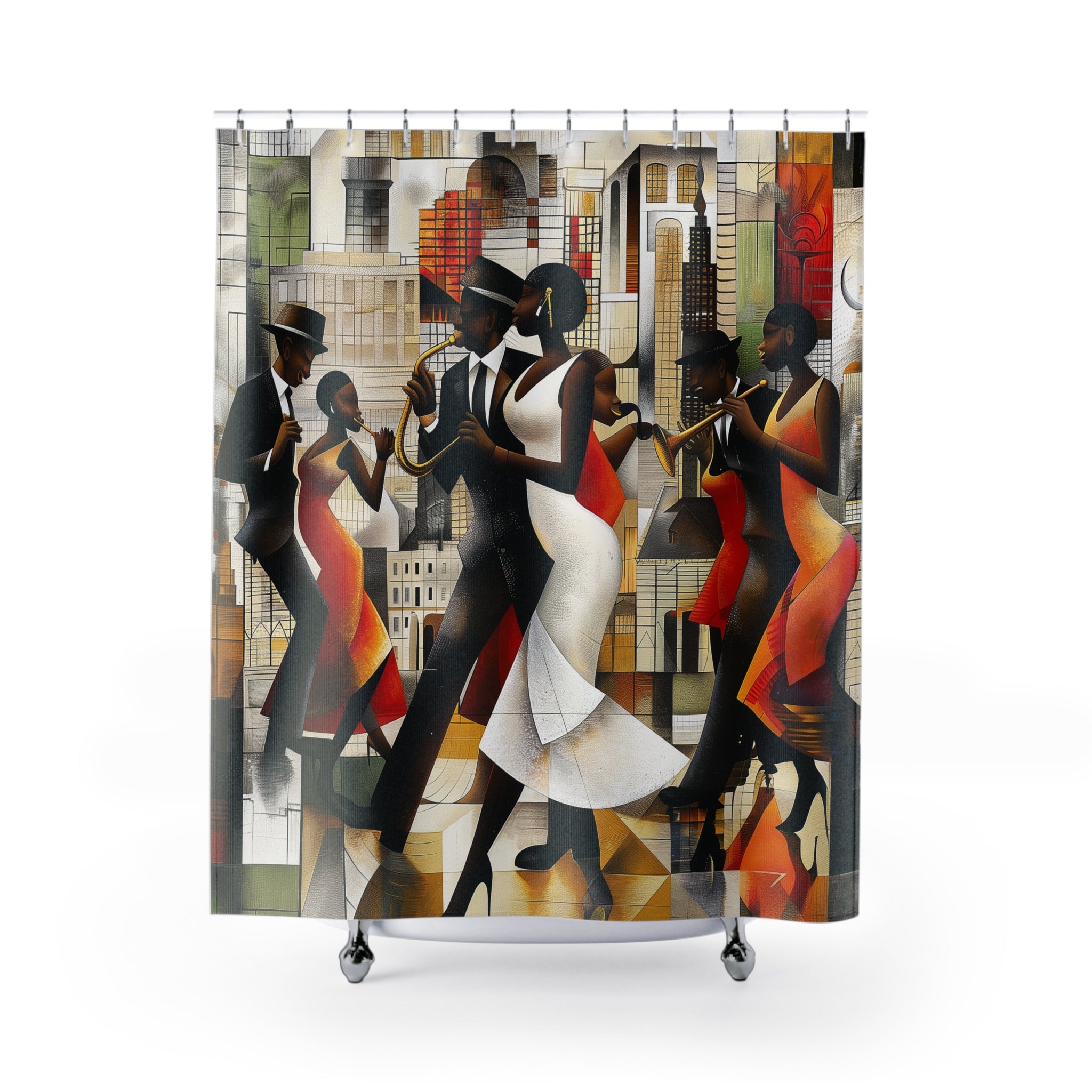Harlem Renaissance Bathroom Shower Curtain featuring abstract jazz musicians in a Bauhaus-inspired Afrocentric design. A bold bohemian art piece perfect for adding cultural flair to your bathroom decor.