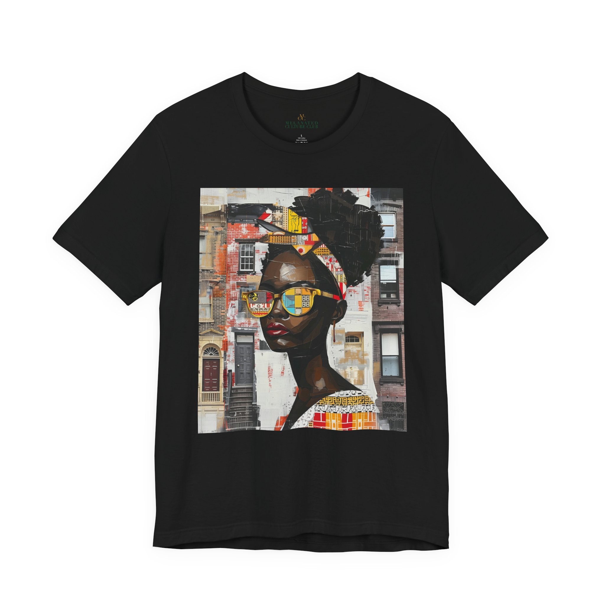 Boss Babe Kendra abstract graffiti T-shirt in black against a white background.