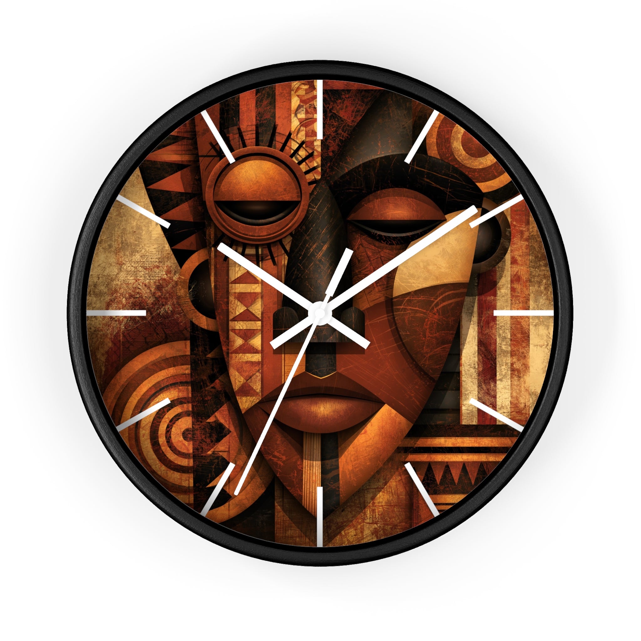 Black round wall clock with white time markings and white clock hands, featuring an abstract African-inspired mask face with geometric shapes, circular patterns, and textured details in terracotta, burnt orange, bronze, black, and warm gold tones, displayed against a white background.