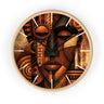 Faux oak wood round wall clock with white time markings and black clock hands, featuring an abstract African-inspired mask face with geometric shapes, circular patterns, and textured details in terracotta, burnt orange, bronze, black, and warm gold tones, displayed against a white background.