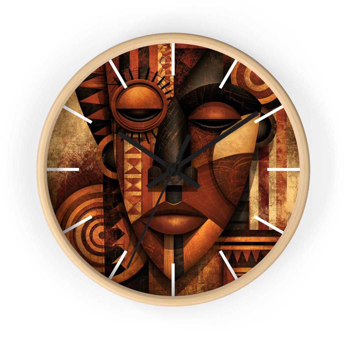 Faux oak wood round wall clock with white time markings and black clock hands, featuring an abstract African-inspired mask face with geometric shapes, circular patterns, and textured details in terracotta, burnt orange, bronze, black, and warm gold tones, displayed against a white background.