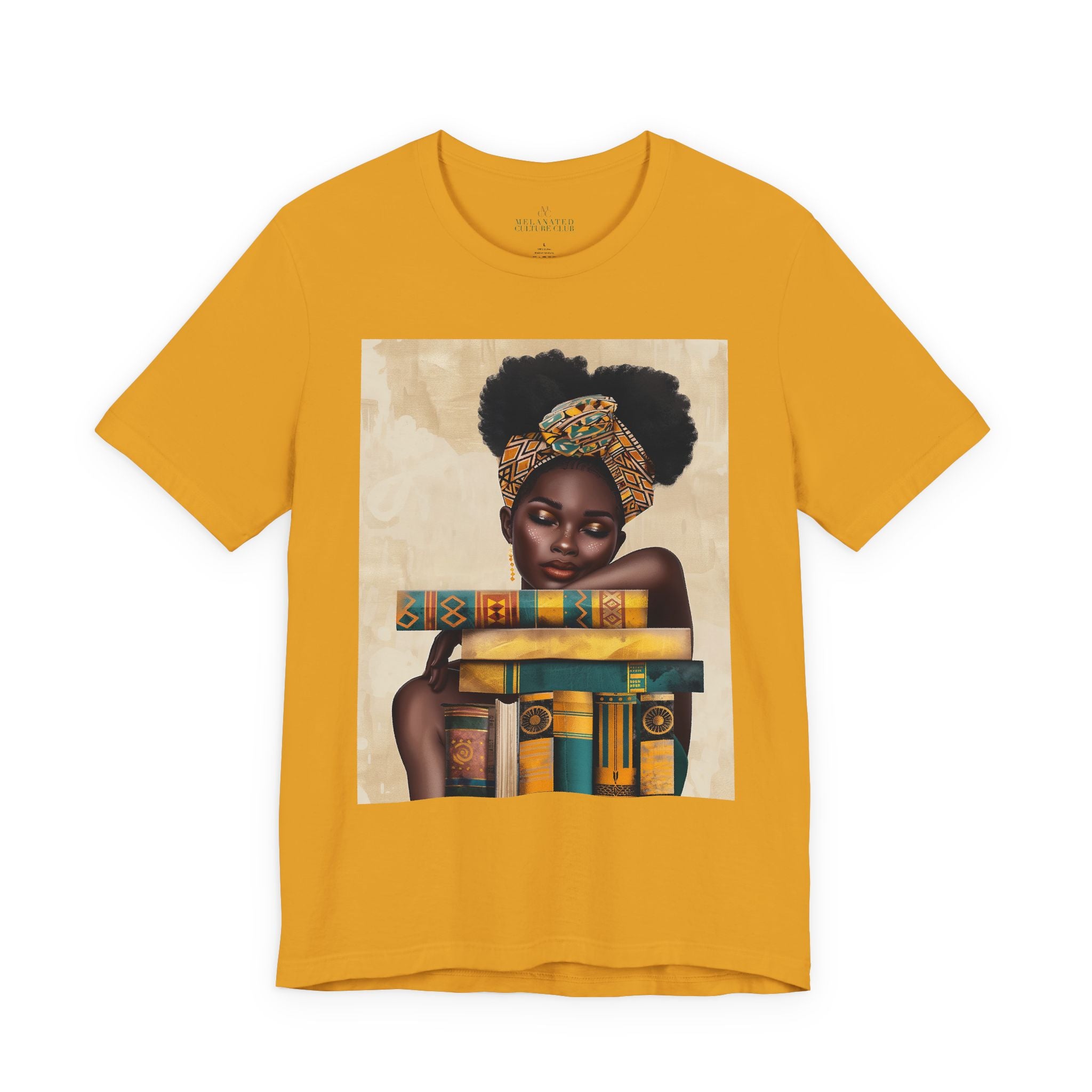 Afrocentric illustration of a young Black woman with a serene expression hugging a stack of books, symbolizing education, knowledge, legacy, and generational success.