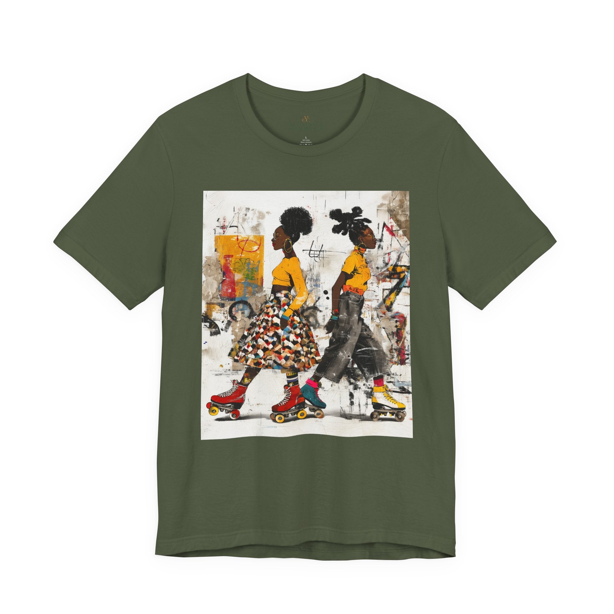 Two Black women with natural hairstyles wearing bold streetwear and roller skates, standing against a colorful abstract graffiti background on an Afrocentric graphic t-shirt.