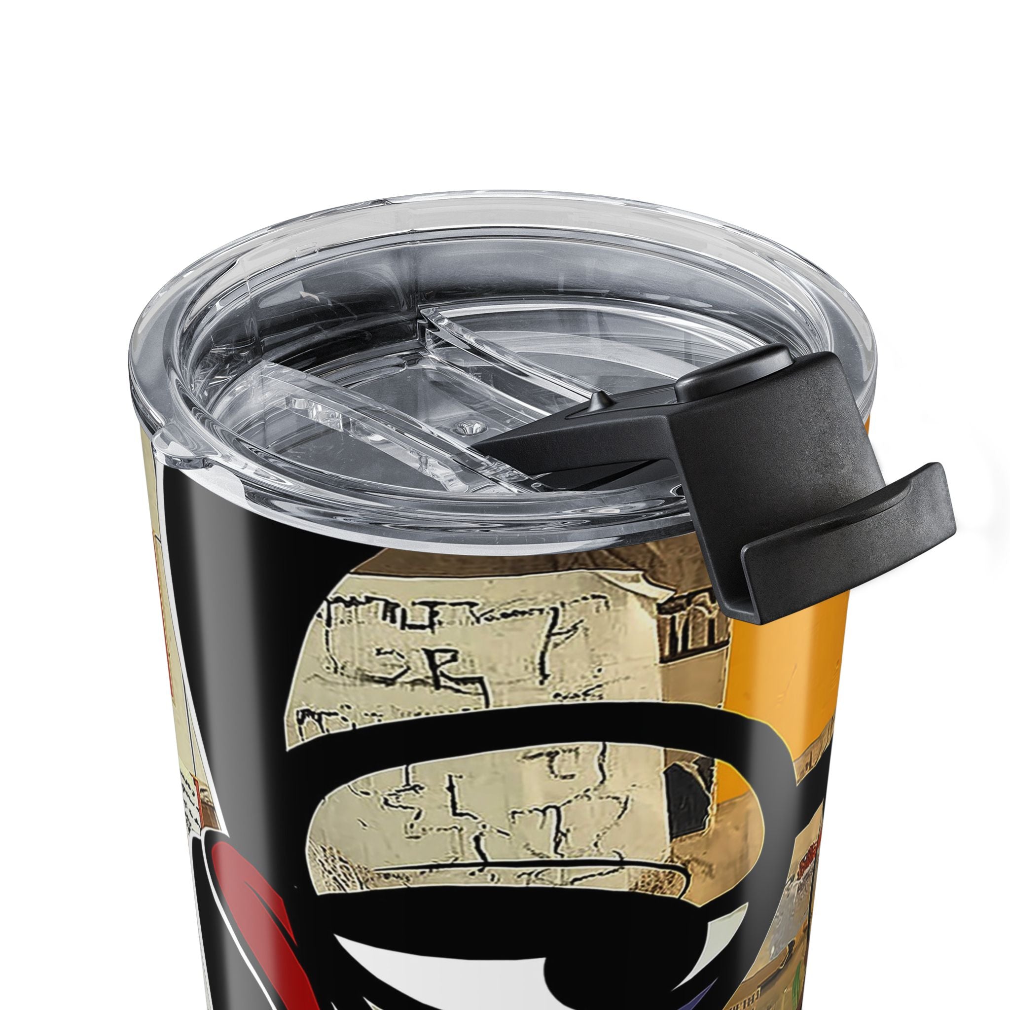 20 oz Boss Babe Latisha tumbler with graffiti style illustration of a confident woman, featuring a clear push-on lid and rubber gasket, suitable for hot and cold drinks