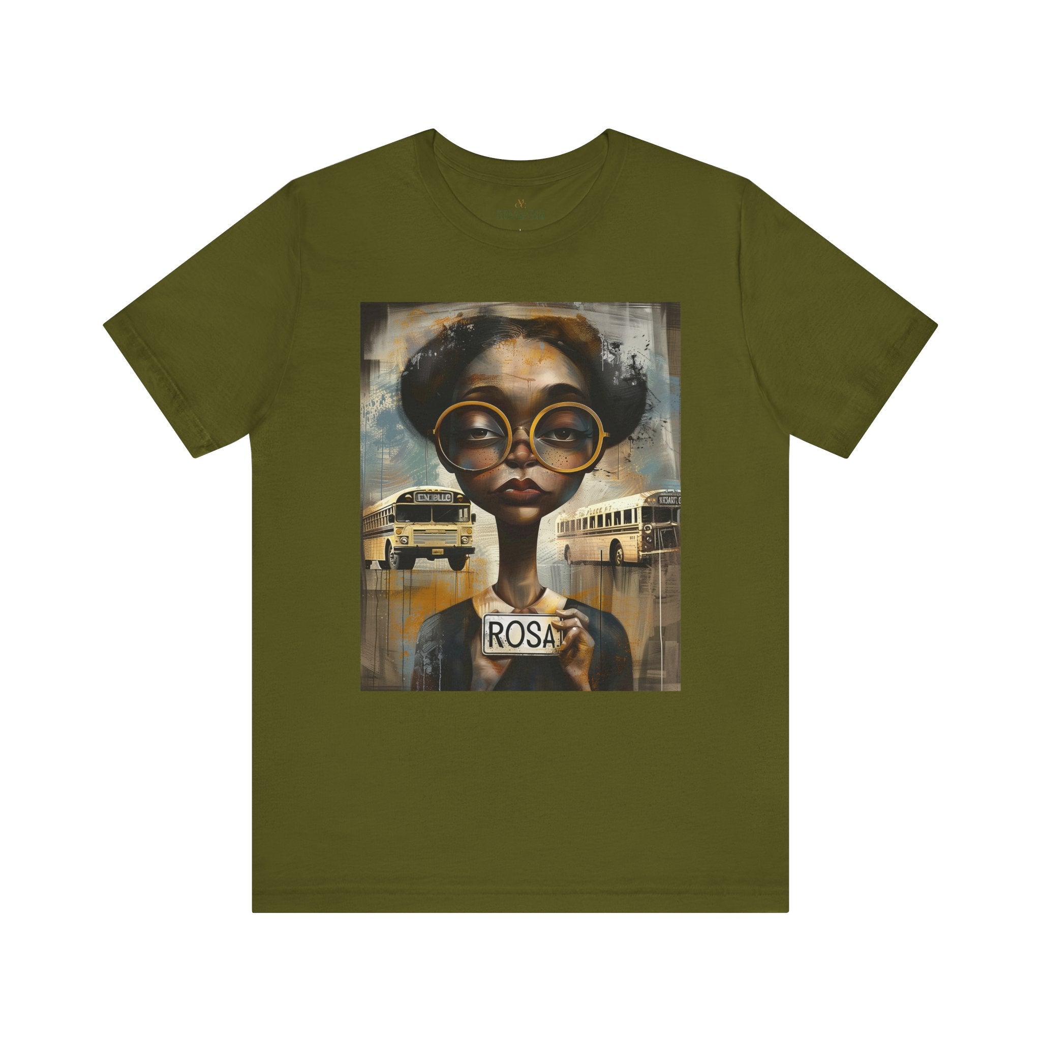 Rosa Parks Mugshot T-Shirt featuring her 1955 booking photo in a bold graphic design. Afrocentric streetwear style honoring civil rights history and Black heritage.
