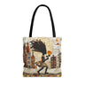 16"x16" Afrocentric faux quilt collage tote bag with a textured 3D-inspired design featuring a young Black girl carrying a bright yellow sunflower while walking through Harlem with long braids blowing in the wind. Historic Harlem brownstones and New York City architecture appear in the background.