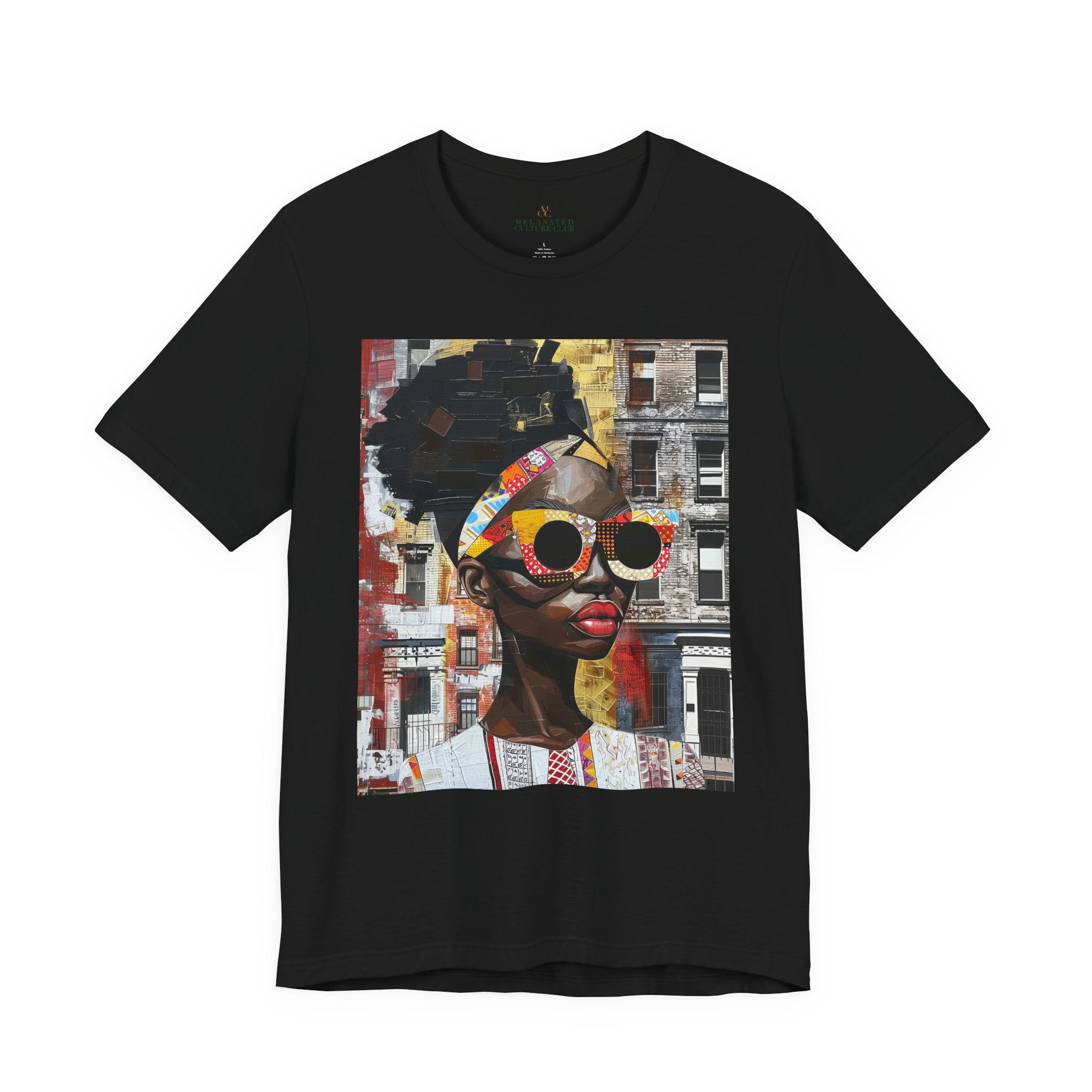 Best Seller Boss Babe graphic tee featuring an abstract cartoon-style Black woman, Lakendra with large round pop-art style sunglasses. The design has a vibrant, graffiti-inspired aesthetic that celebrates African American beauty, confidence, and urban art style.