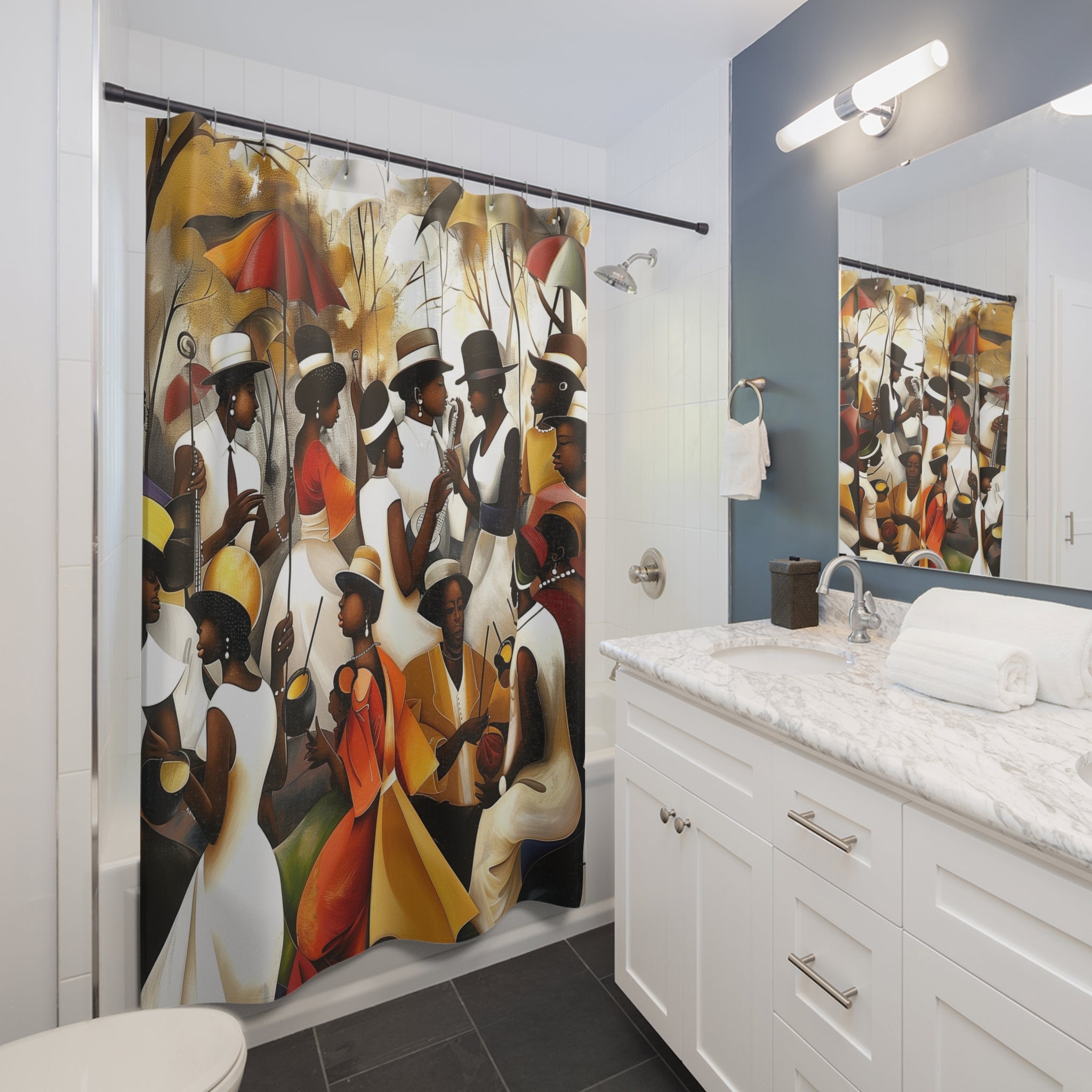 Juneteenth Family Reunion Shower Curtain featuring Afrocentric artwork of Black families gathering in a park, celebrating freedom, community, music, food, and African American culture with vibrant colors and joyful expressions.