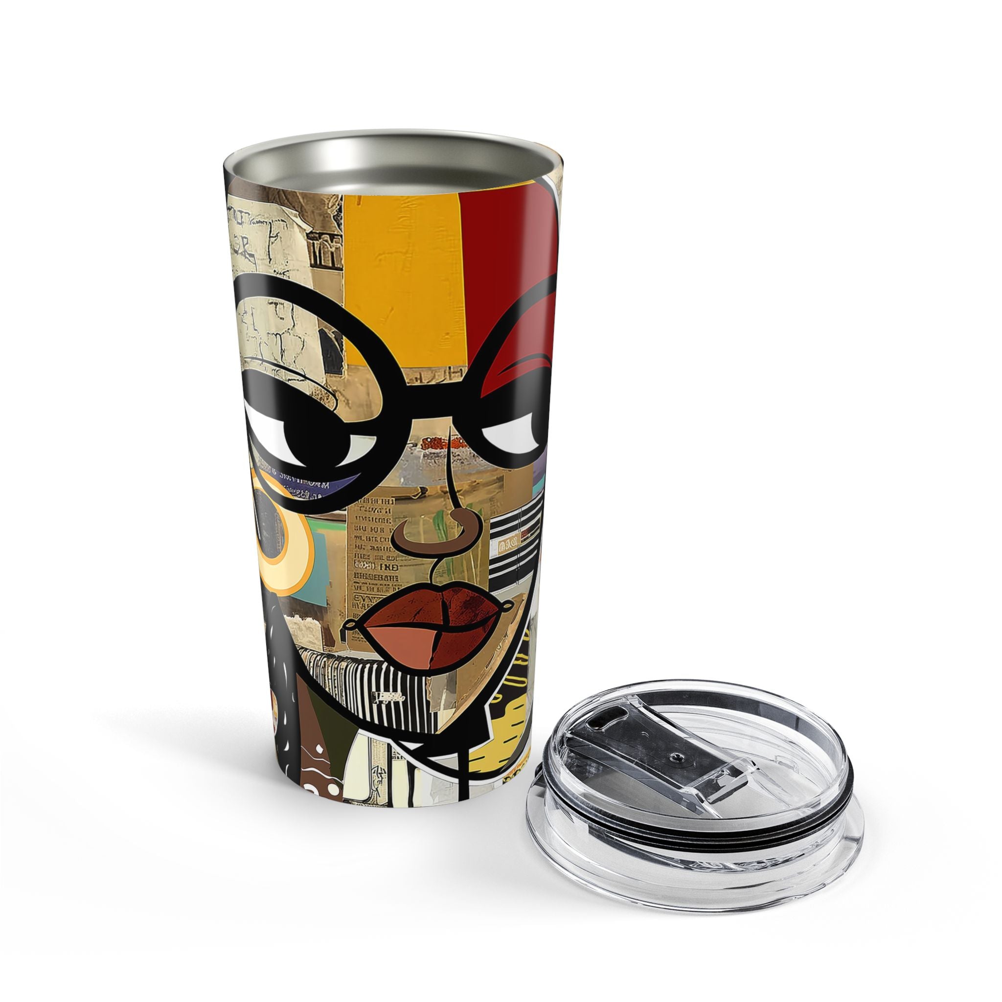 20 oz Boss Babe Latisha tumbler with graffiti style illustration of a confident woman, featuring a clear push-on lid and rubber gasket, suitable for hot and cold drinks