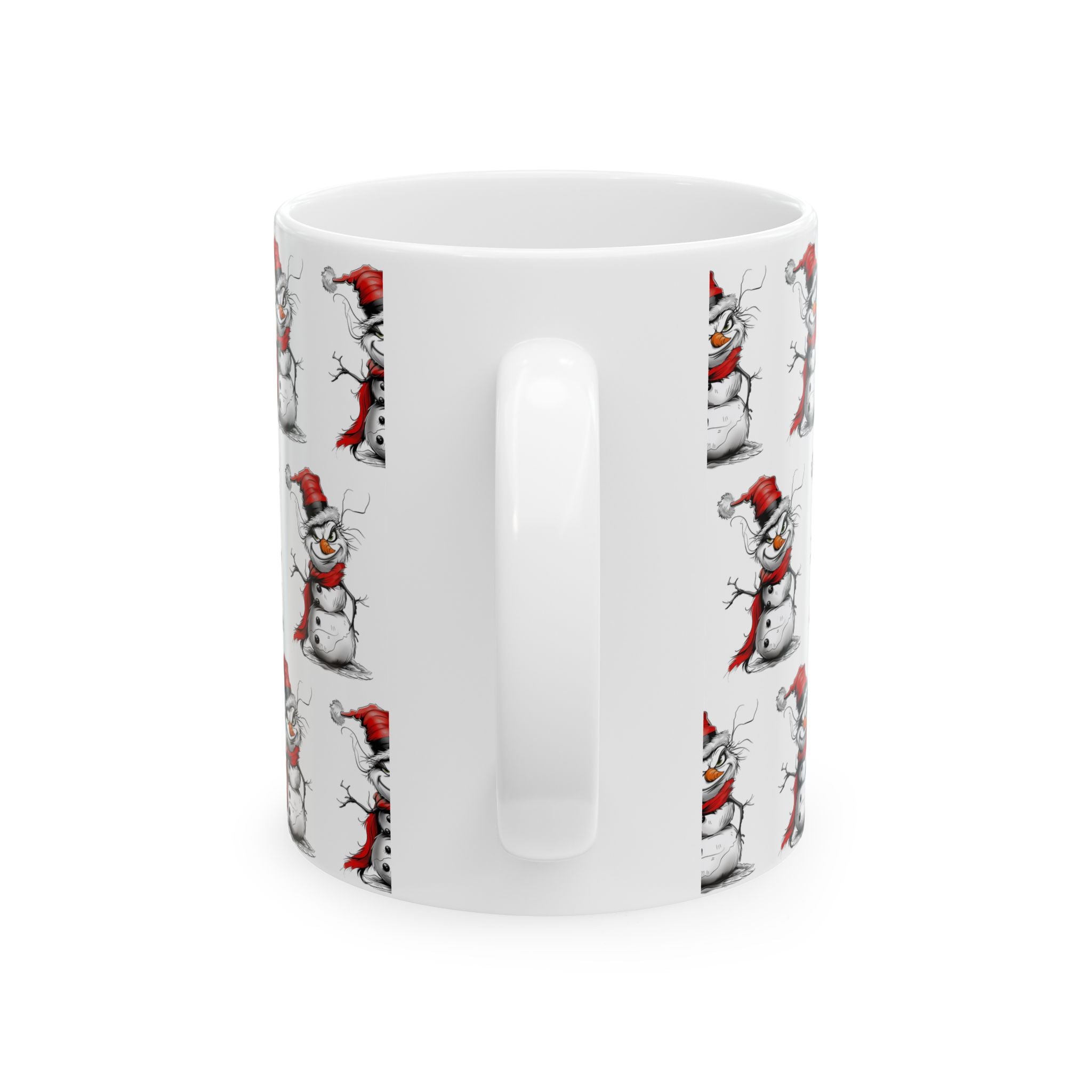 Grinch Snowman Coffee Mug featuring a naughty-looking snowman with a Grinch-inspired face – unique Christmas holiday beverage mug perfect for festive kitchens and seasonal drinks.