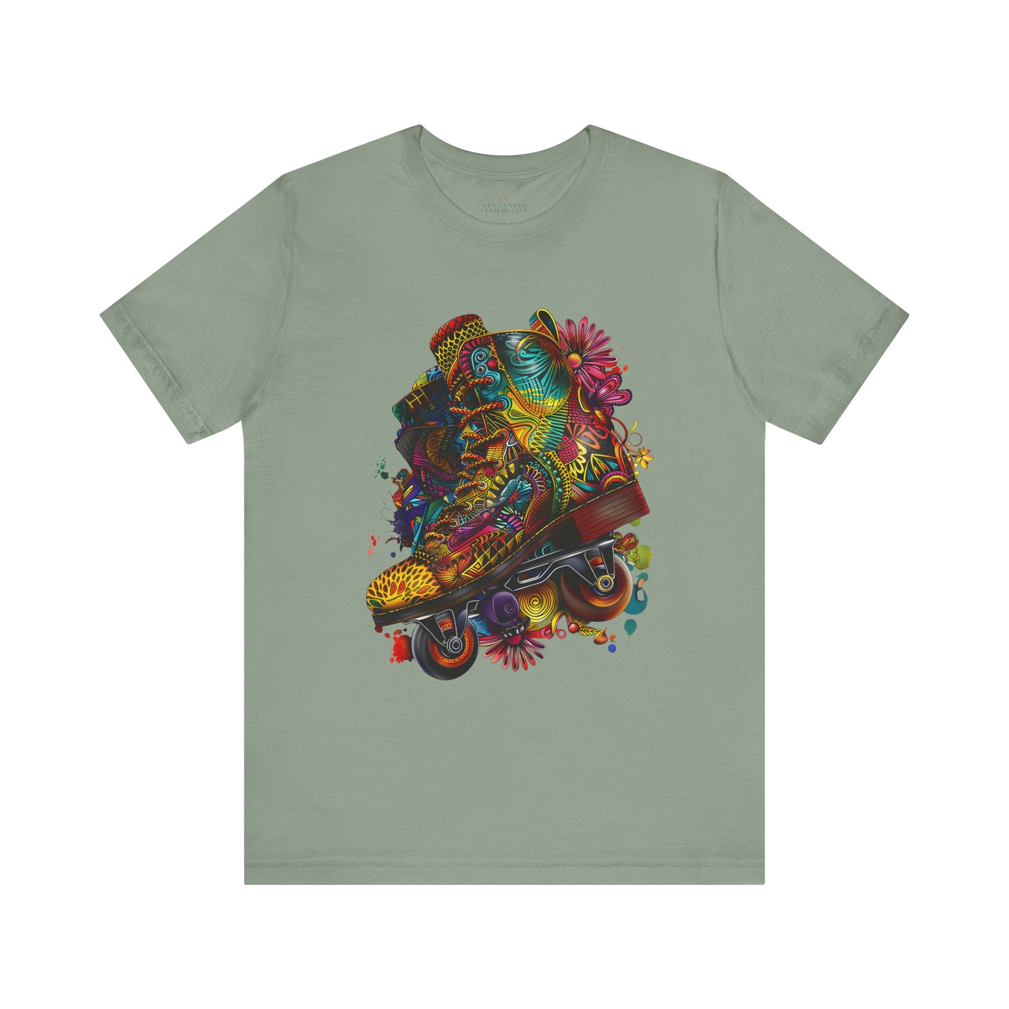 Roller Skater Psychedelic Afrocentric Style Tee in sage.