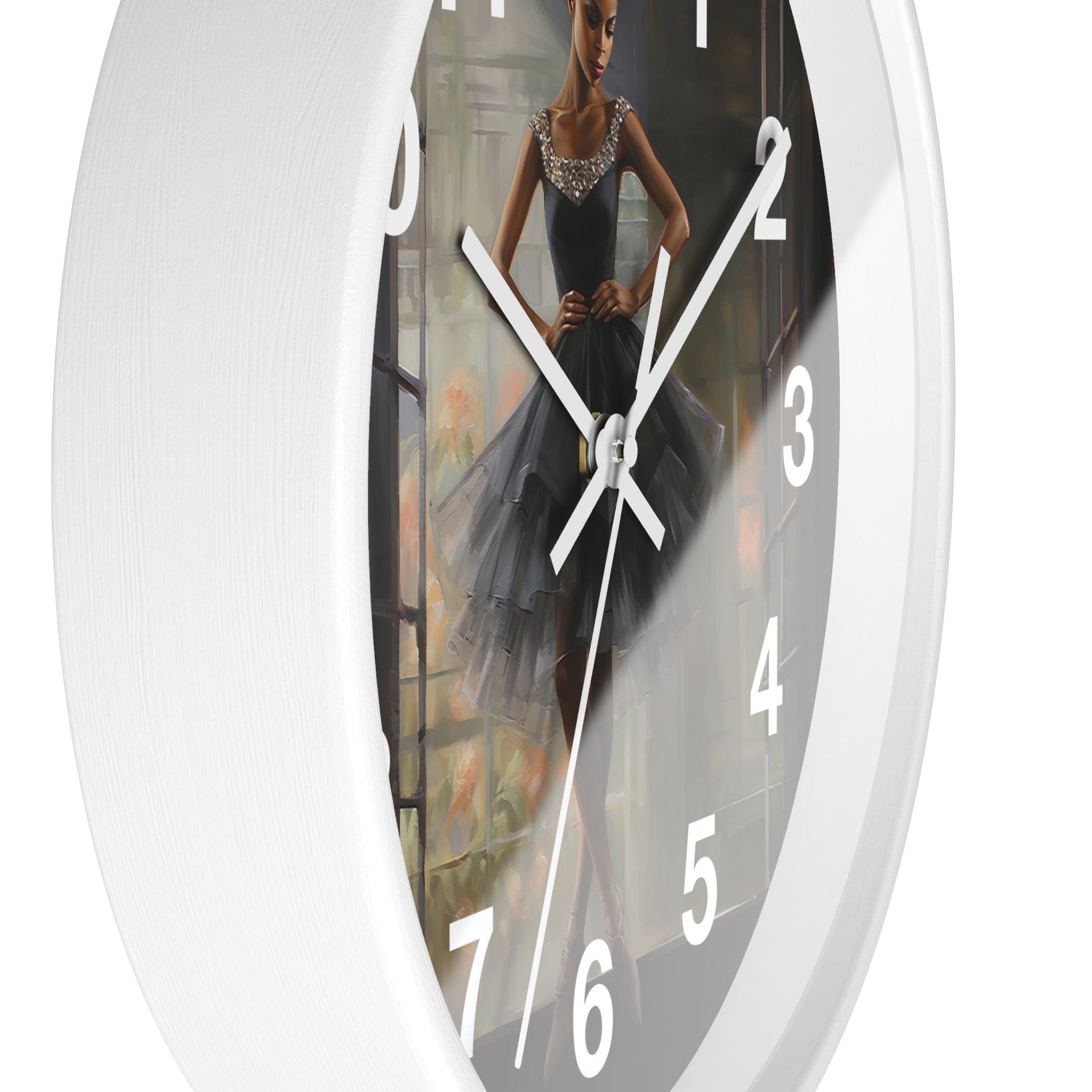Black Girl Ballerina Round Wall Clock featuring an African American ballerina in a graceful pose, with detailed tutu folds and ballet slippers.