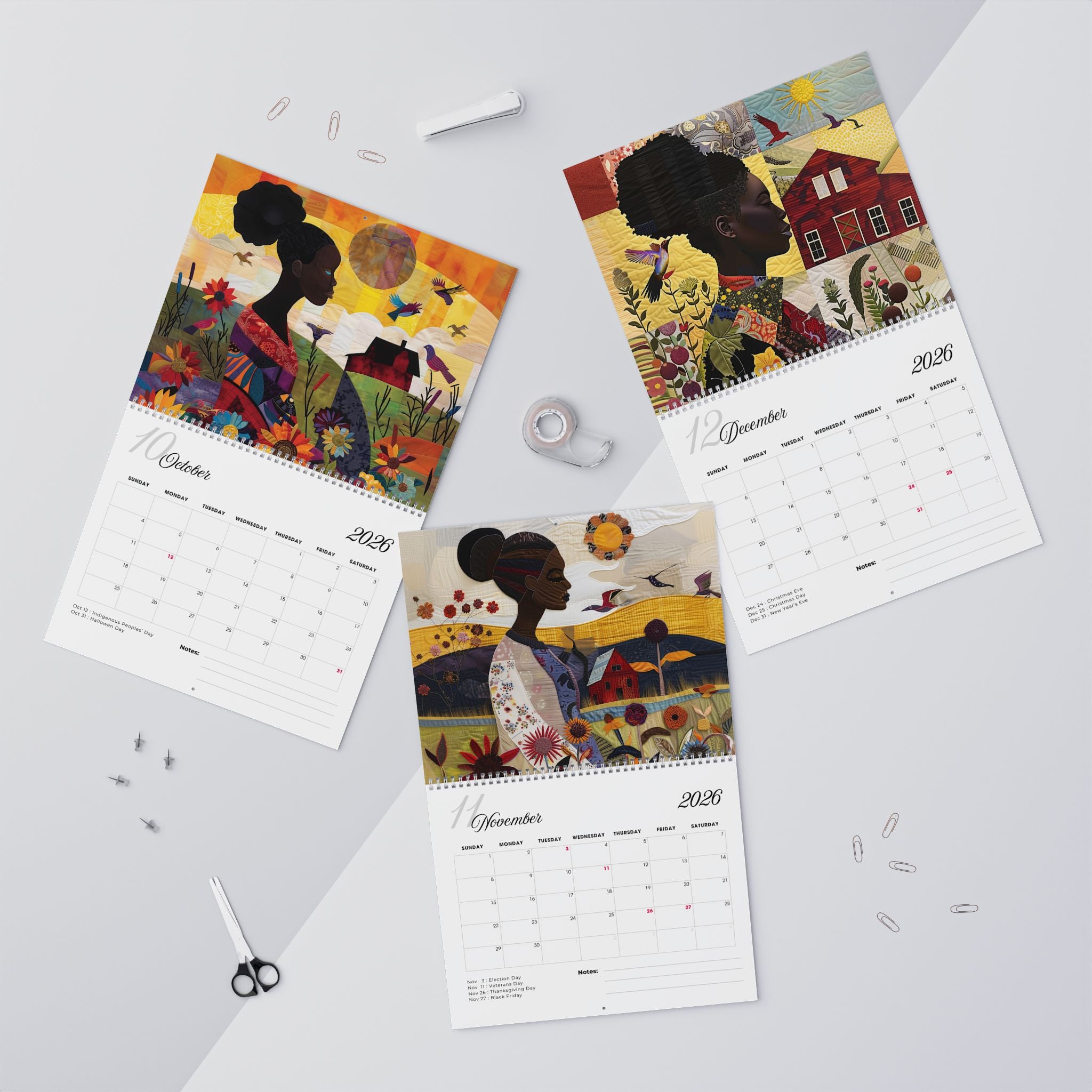 2026 Field of Flowers Wall Calendar featuring Afrocentric art of African American women in fields of wildflowers, created in a 3D quilt-like patchwork illustration style.