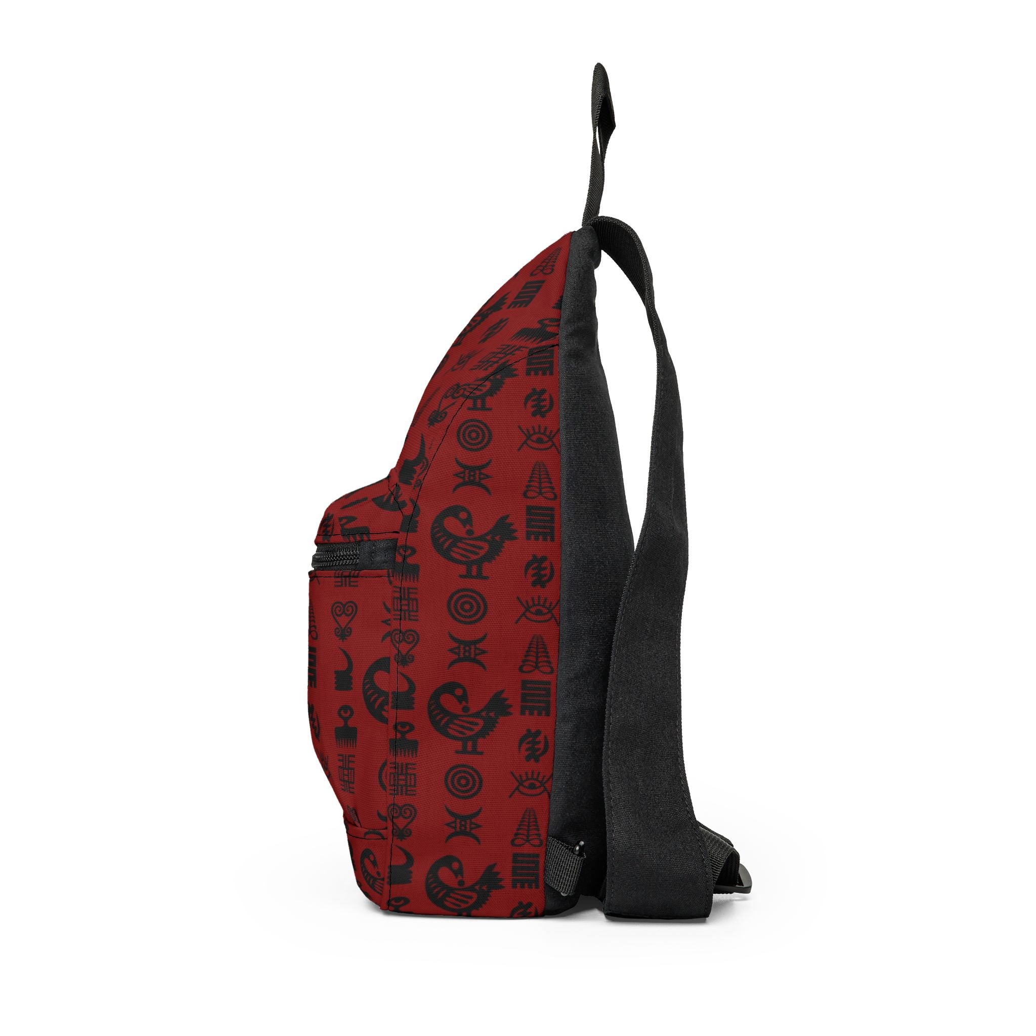 Crossbody sling bag featuring traditional Ghanaian Adinkra symbols in an Afrocentric pattern celebrating African heritage, culture, wisdom, and unity.