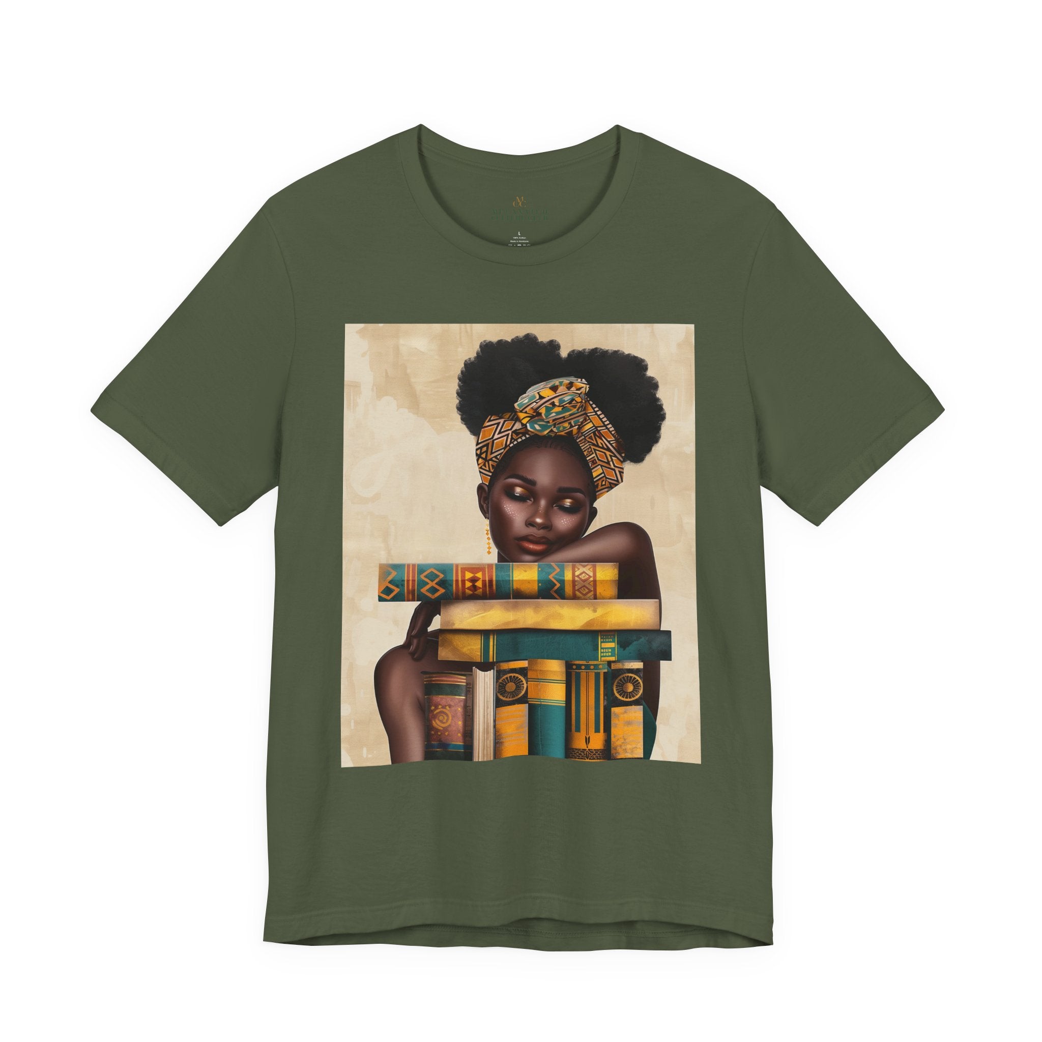 Afrocentric illustration of a young Black woman with a serene expression hugging a stack of books, symbolizing education, knowledge, legacy, and generational success.