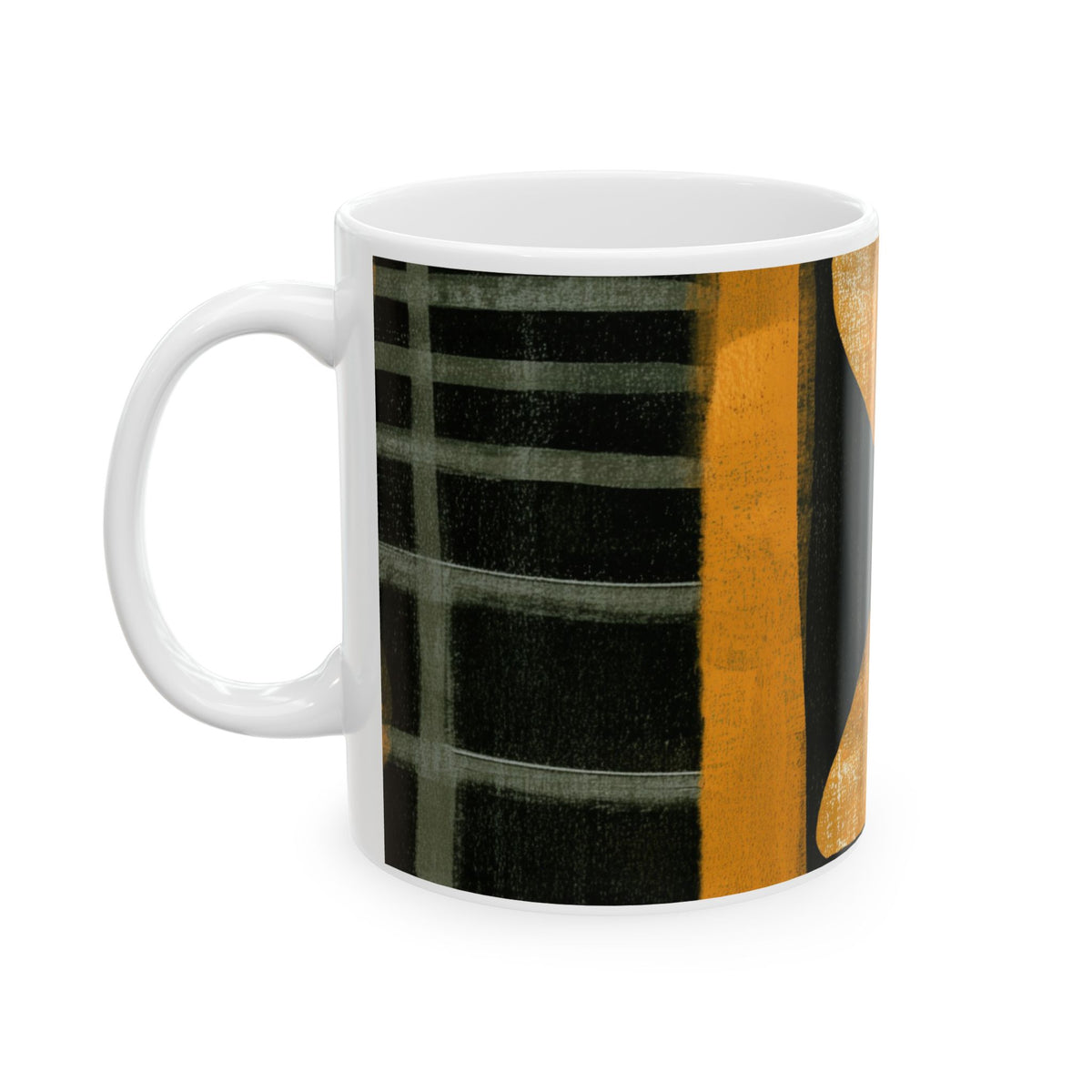 Left handle view of 11 oz Afrocentric abstract coffee mug featuring bold geometric shapes and textured patterns in red, gold, black, green and cream, displayed against a white background.