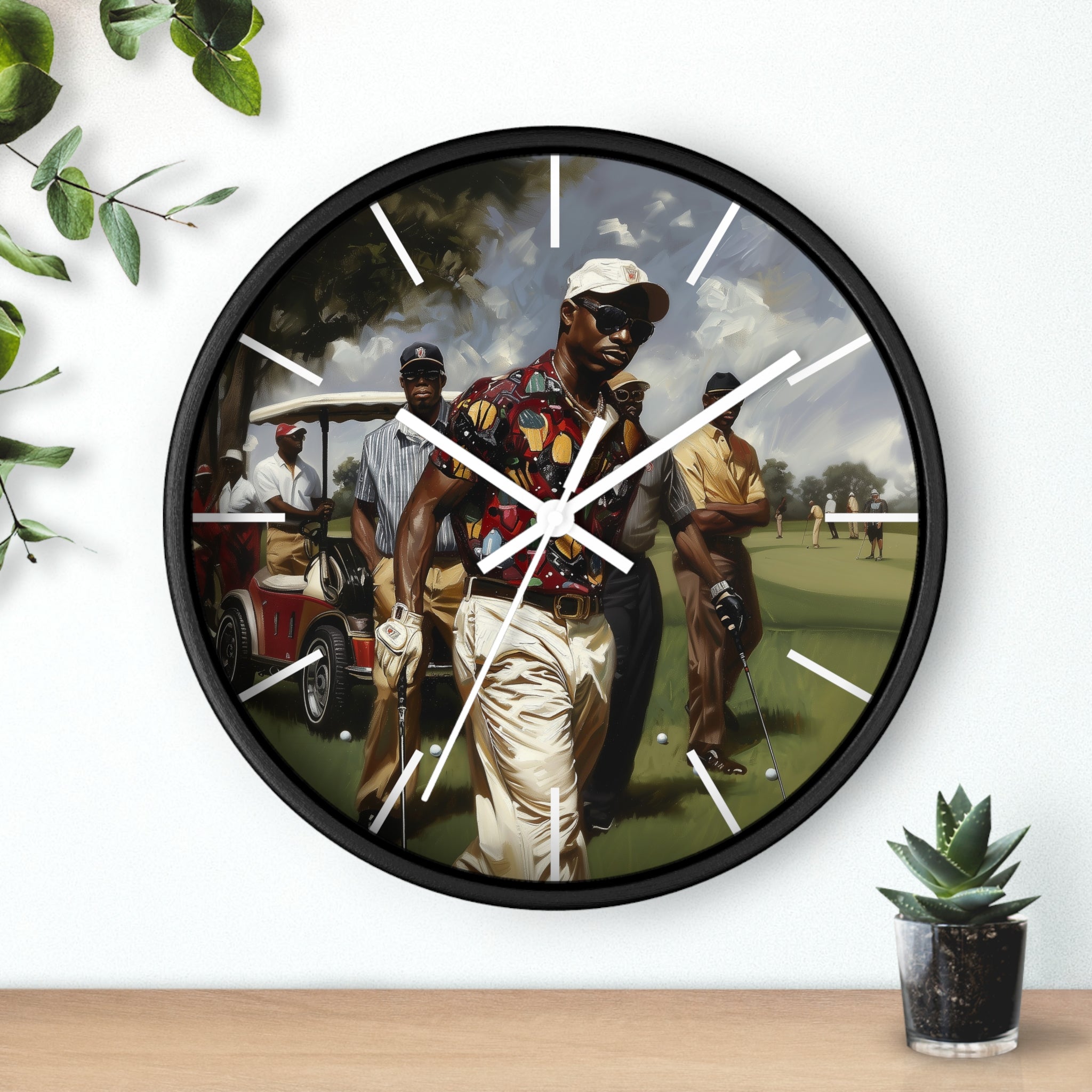 Round wall clock featuring Afrocentric artwork of stylish Black men playing golf on a lush green course, celebrating Black joy, leisure, and brotherhood in a modern fine art style.