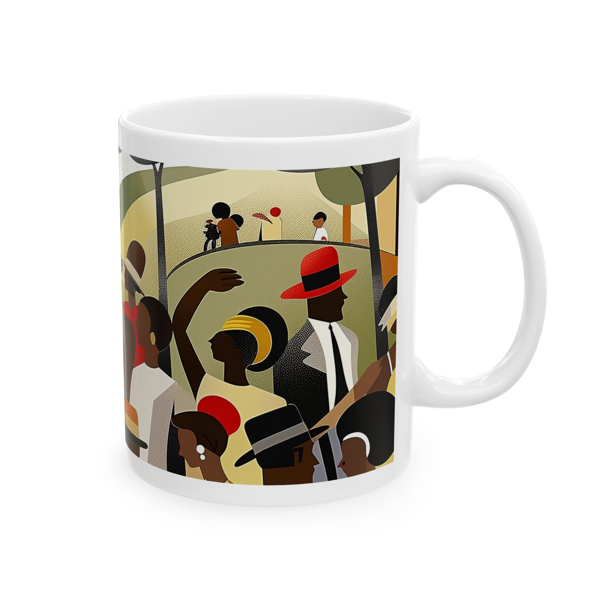 White ceramic mug with a colorful illustration of a group of people in a park. The illustration features people of different ages and skin tones wearing hats and clothing in various colors.