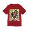 Abstract Afrocentric t-shirt featuring a split-face portrait of a Black man, half human and half robot, with expressive facial features and futuristic mechanical details in an Afrofuturism art style.