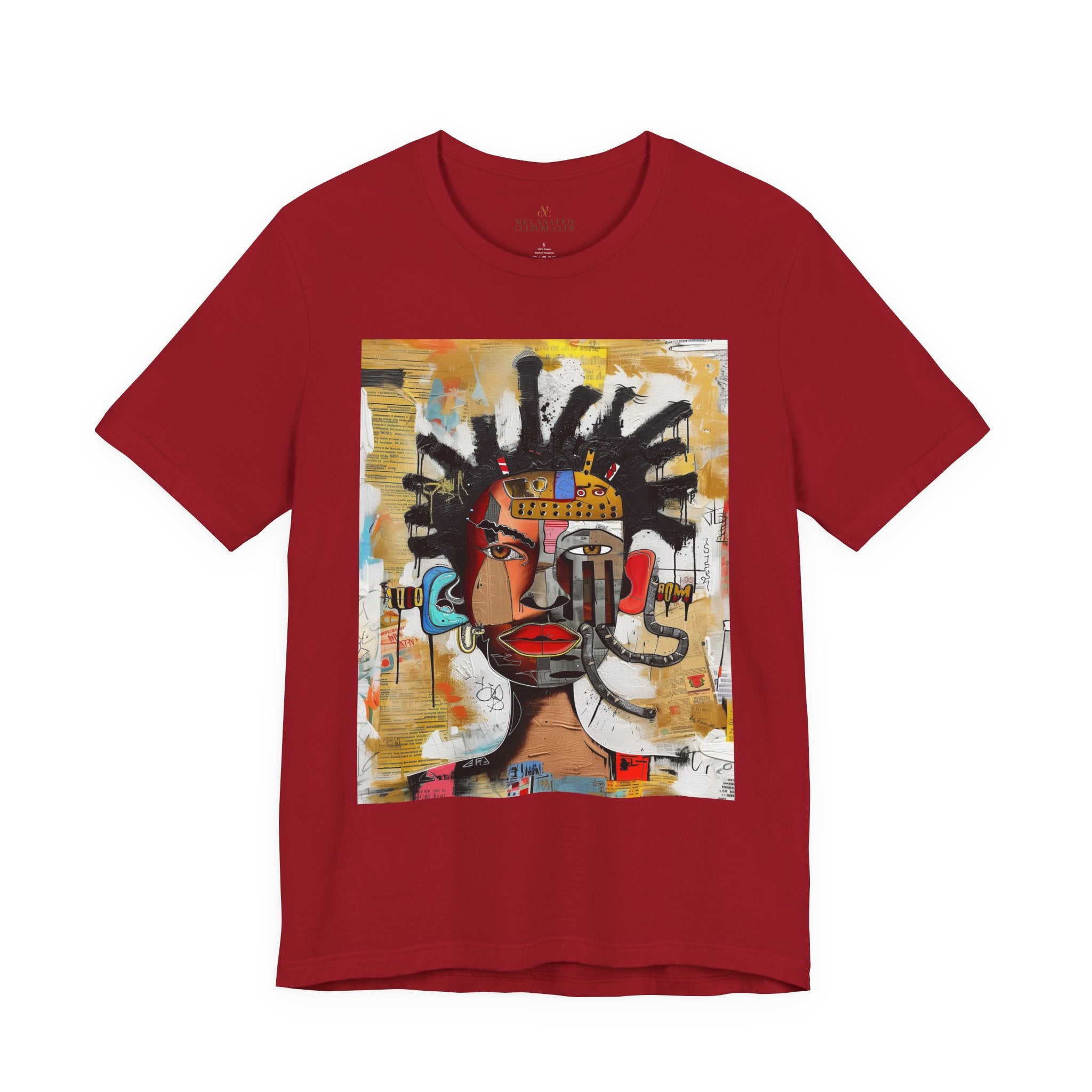 Abstract Afrocentric t-shirt featuring a split-face portrait of a Black man, half human and half robot, with expressive facial features and futuristic mechanical details in an Afrofuturism art style.