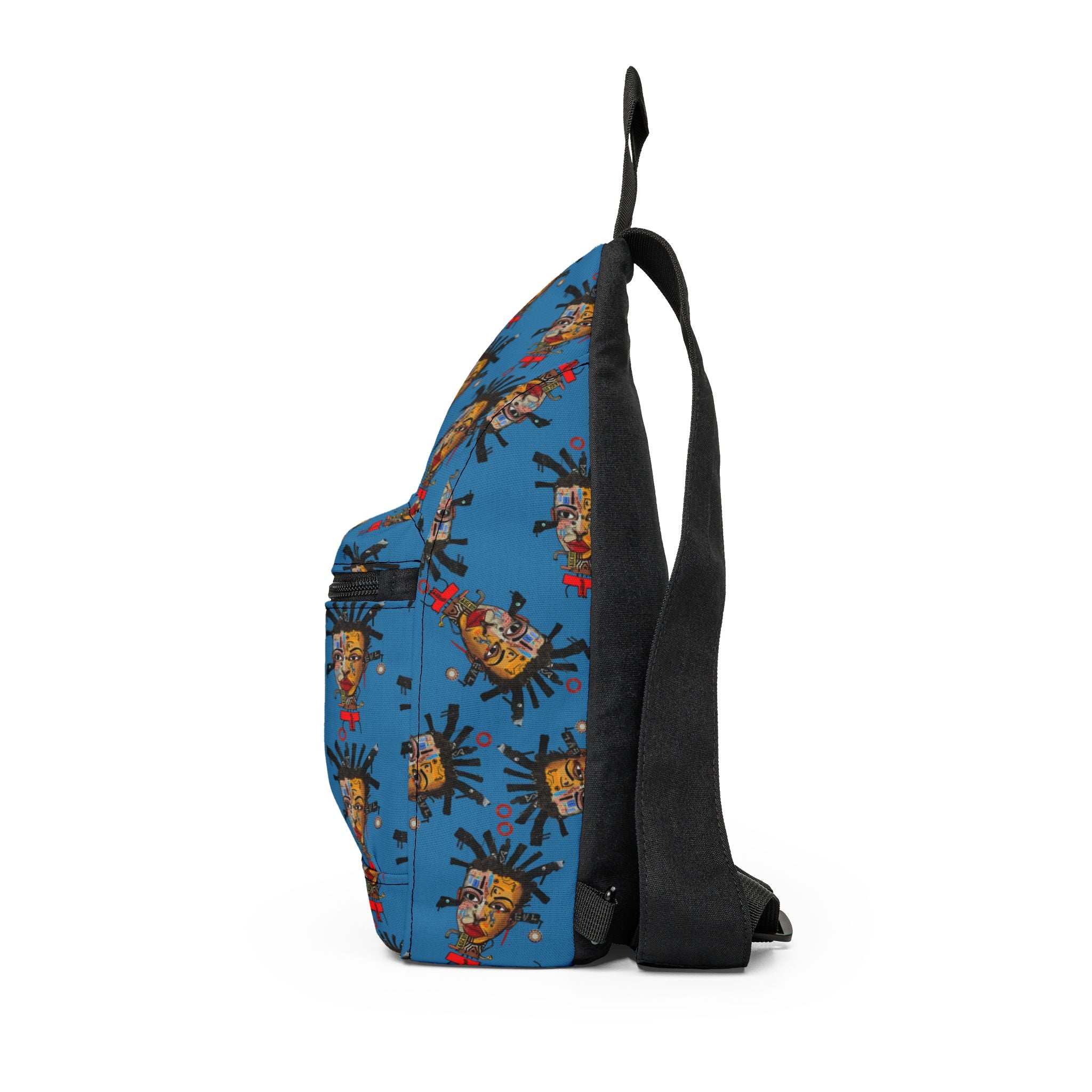 Afrofuturism crossbody sling bag featuring an abstract Black cyborg man portrait with futuristic cybernetic details and vibrant Afrocentric digital art.
