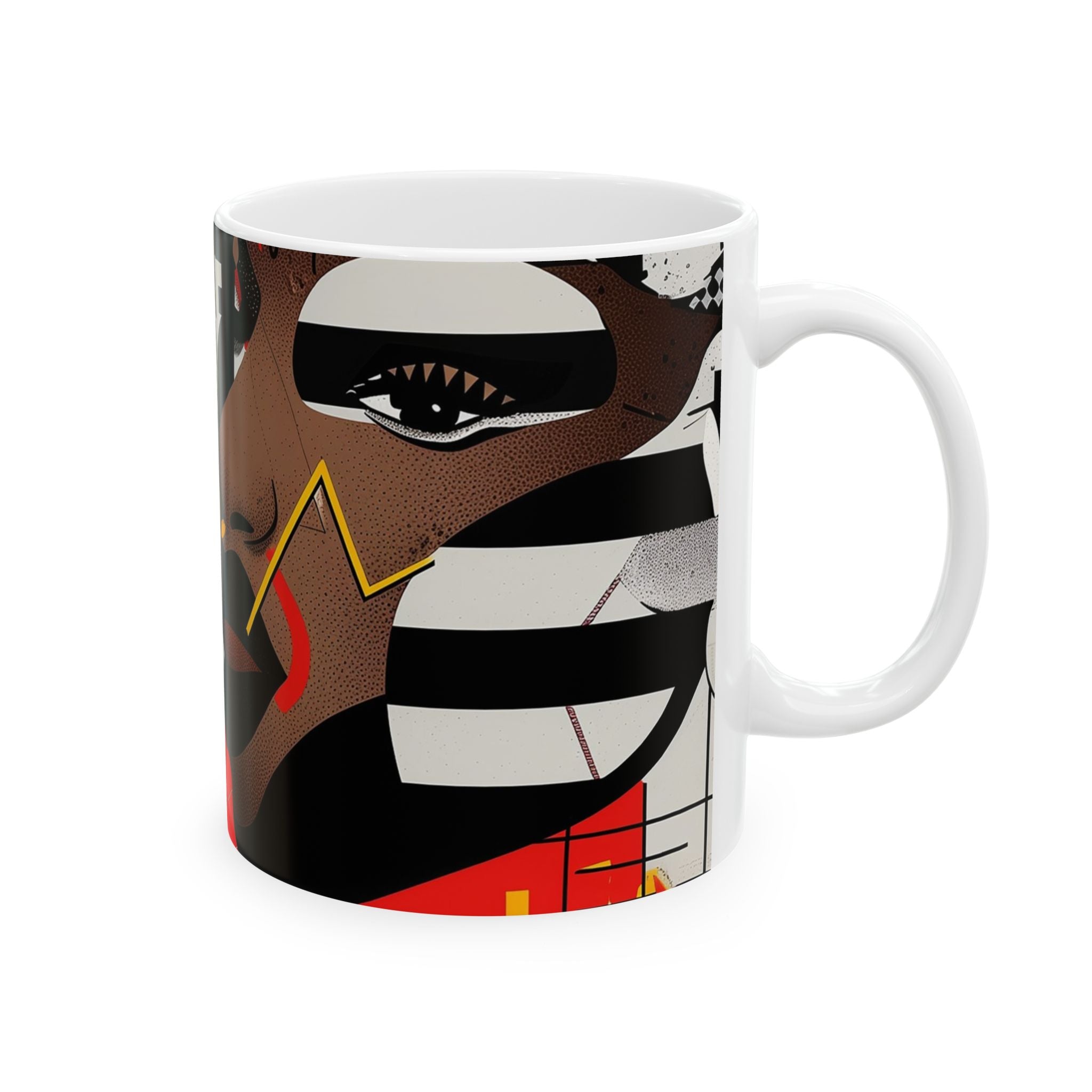 Coffee mug featuring two soulful Black sisters in colorful abstract Afrocentric collage artwork with bold pop art, graffiti-inspired textures, and vibrant contemporary styling.  11 oz size, right handle view.