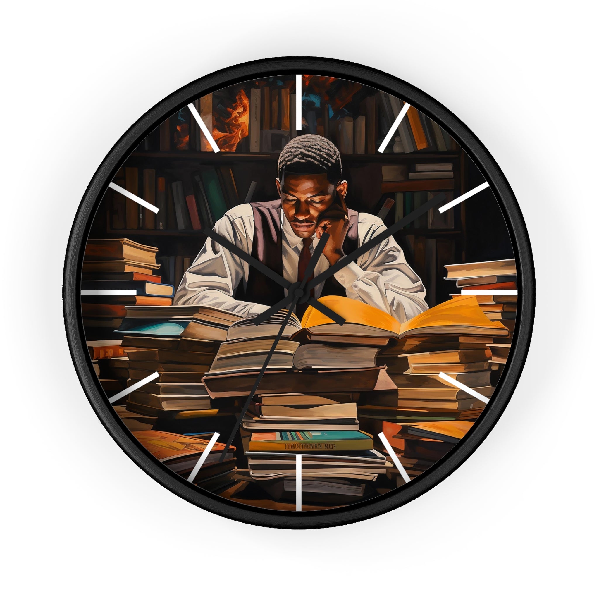 Black Man Law Student Round Wall Clock featuring an African American male scholar studying in a library setting. Afrocentric wall art symbolizing education, focus, and academic excellence.