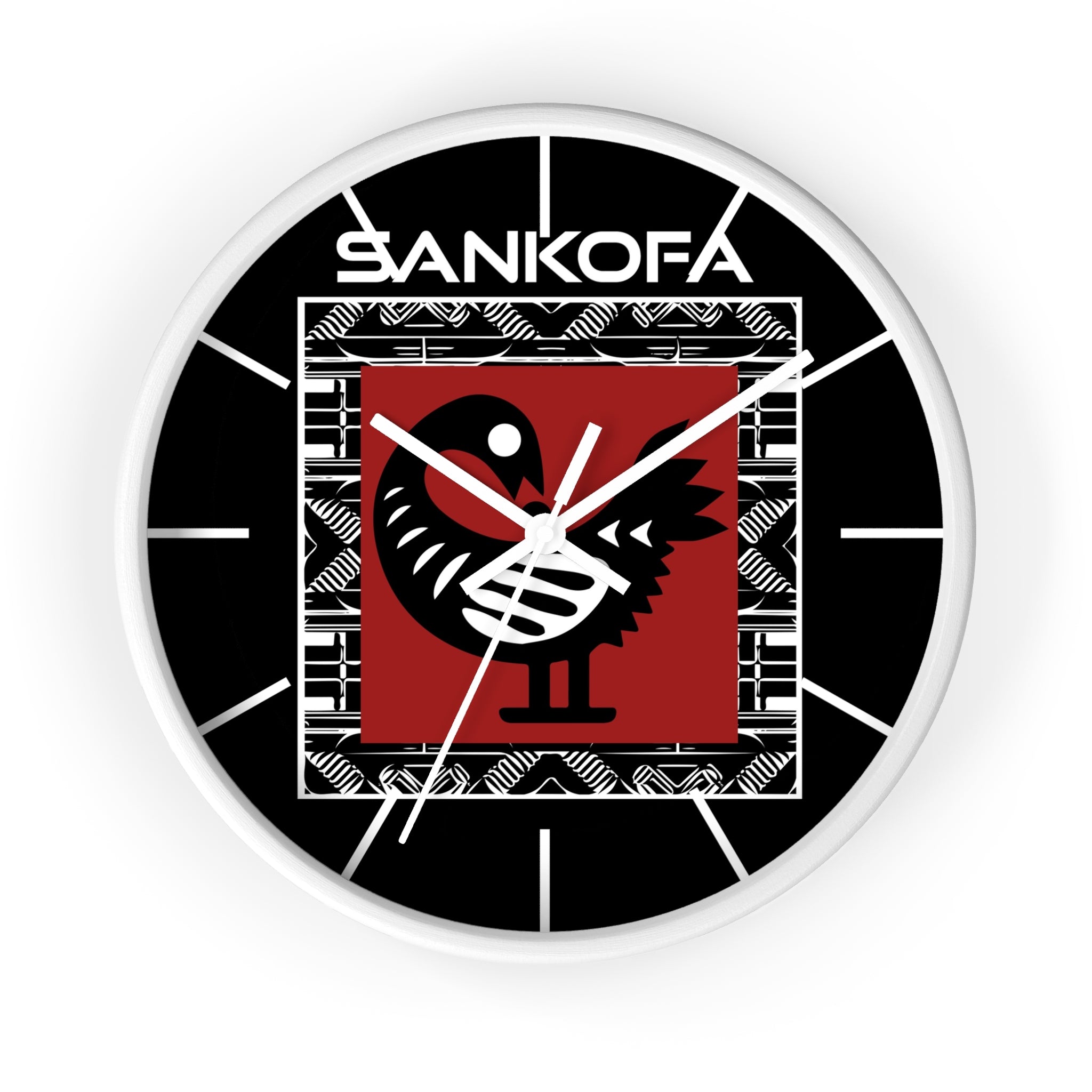 Adinkra Sankofa Wall Clock featuring the Ghanaian “Go Back and Get It” bird symbol. Afrocentric wall decor celebrating African heritage and ancestral wisdom.