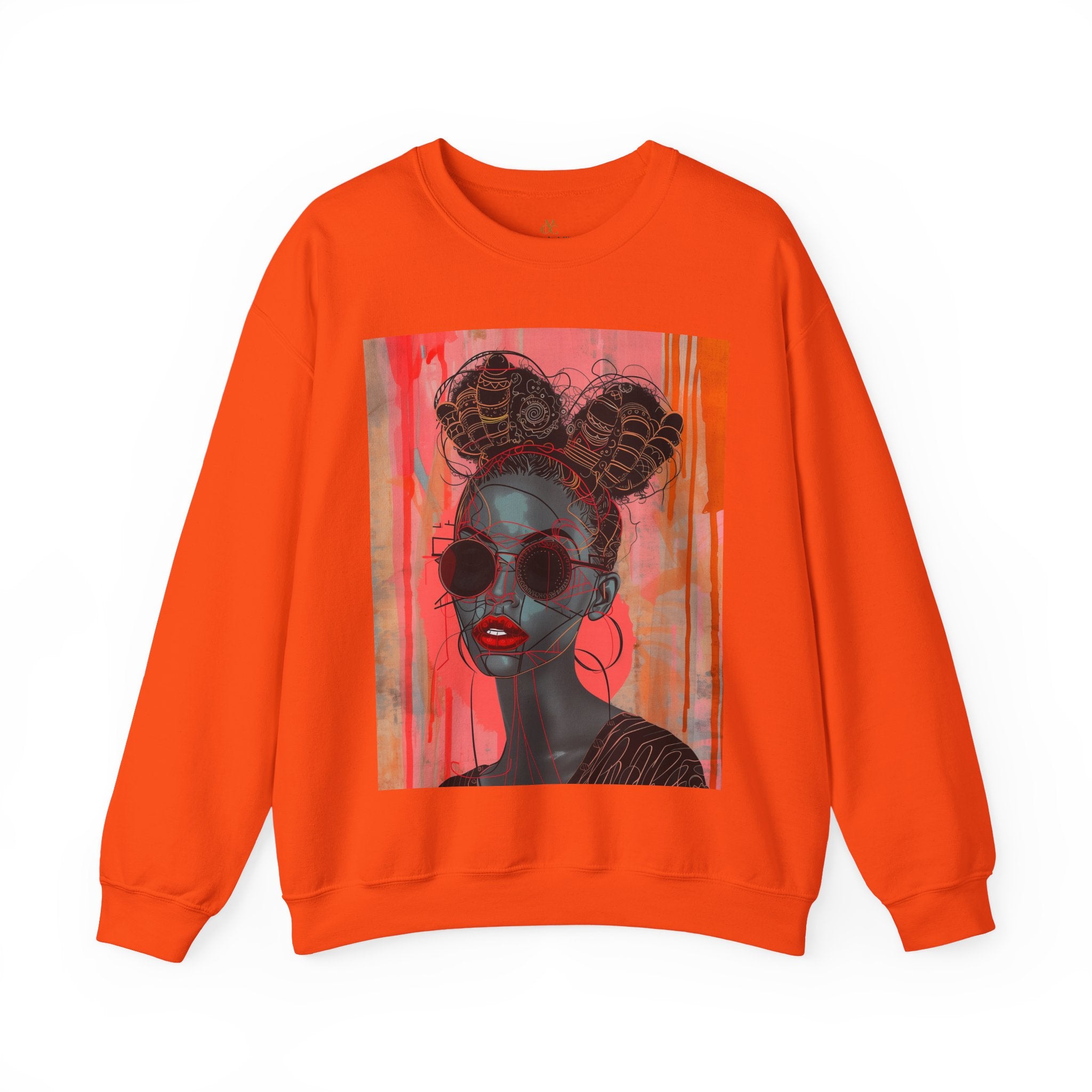 Black Woman Afrofuturism Sweatshirt featuring African American woman with Bantu knots and round fashion sunglasses, Afrocentric unisex top with futuristic and cultural design.