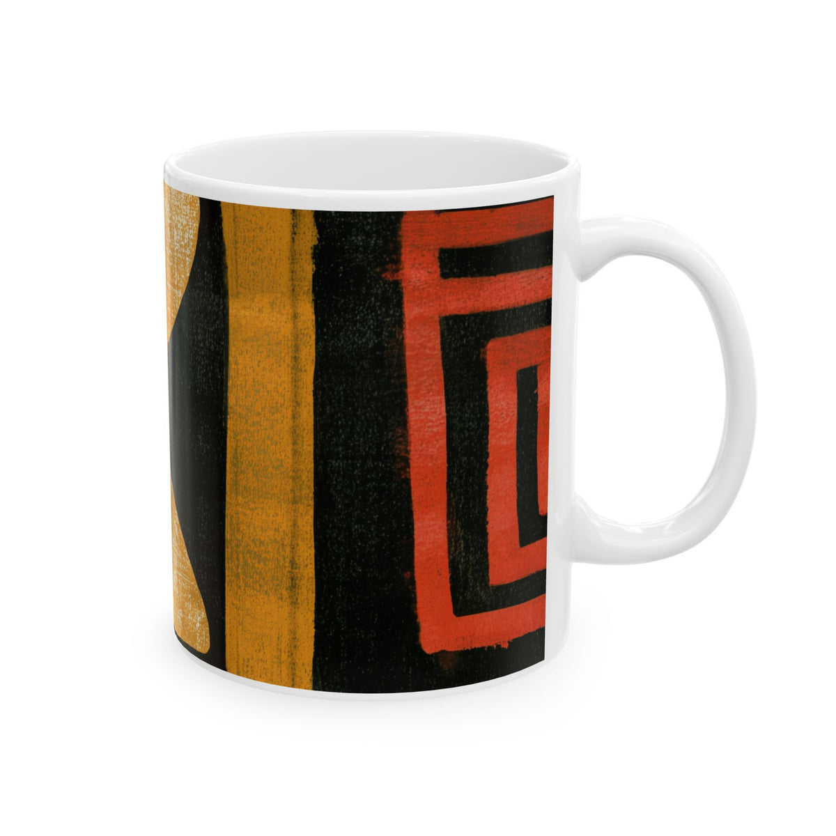 Left handle view of 11 oz Afrocentric abstract coffee mug featuring bold geometric shapes and textured patterns in red, gold, black, and cream, displayed against a white background.