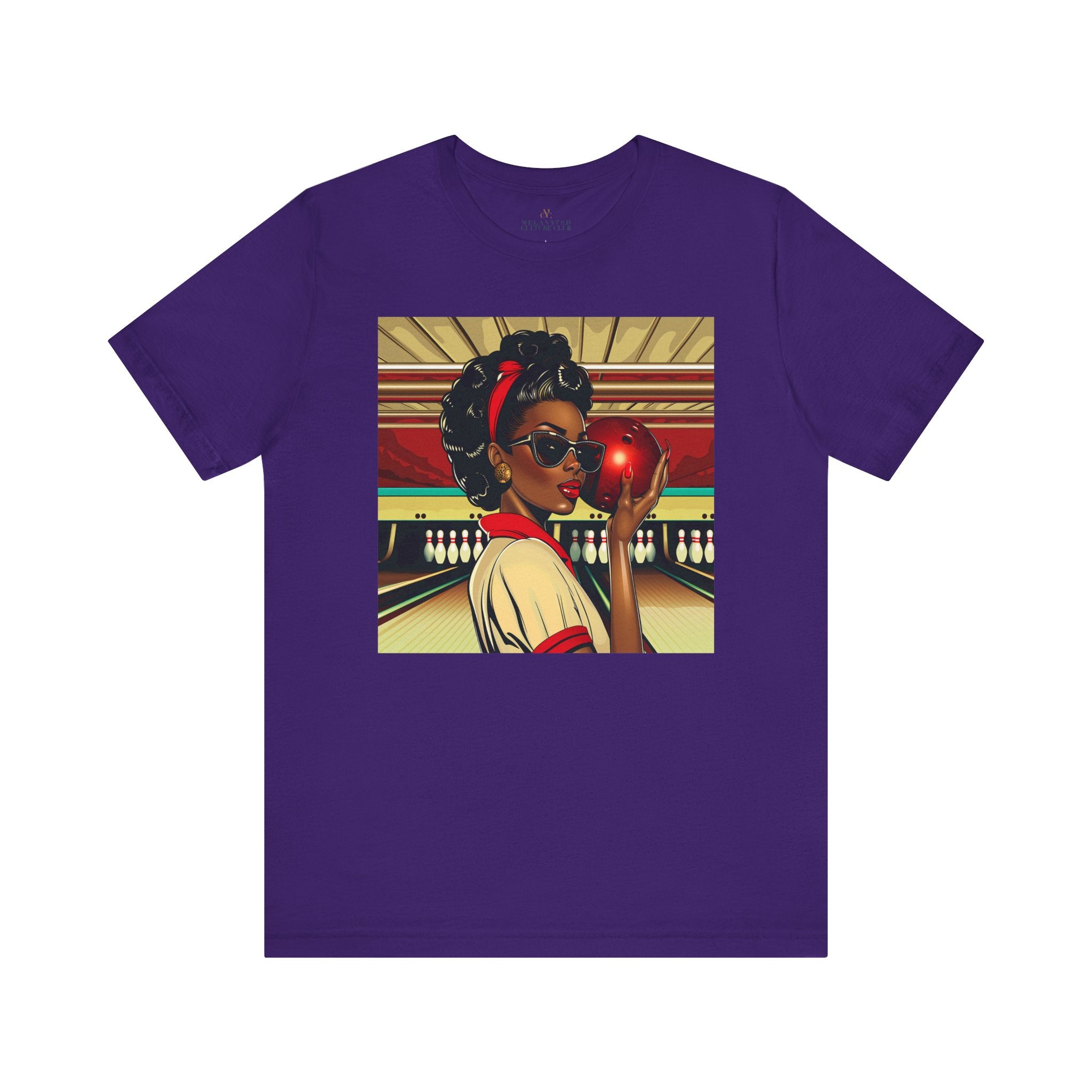 Woman Bowling Shirt African American Woman Tee Retro Pop Art in purple.