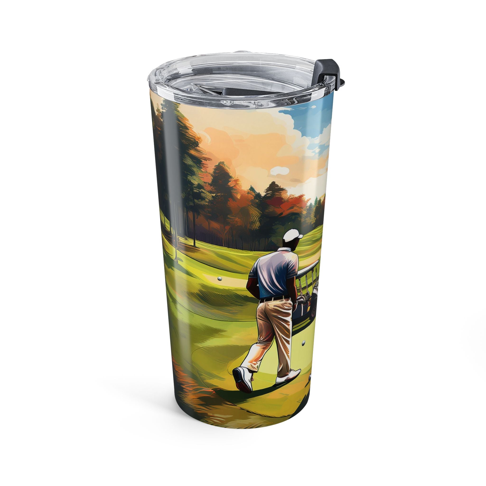 20 oz tumbler with painterly illustration of Black men playing golf on a green course, featuring a clear push-on lid with rubber gasket for hot and cold beverages.
