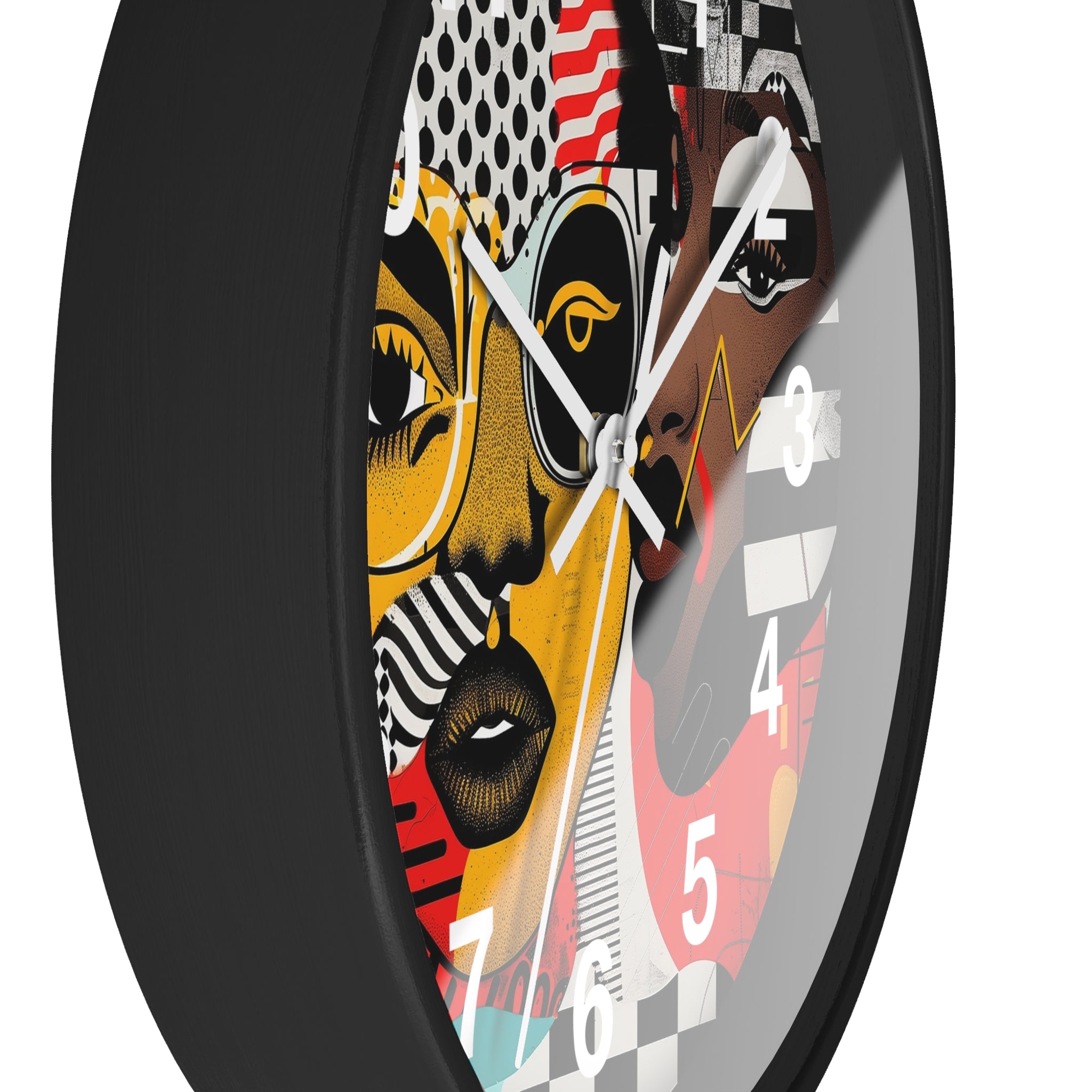 Black Women Pop Art Round Wall Clock featuring an abstract Soul Sister design in bold, colorful pop art style. Afrocentric wall decor with vibrant modern art aesthetic.