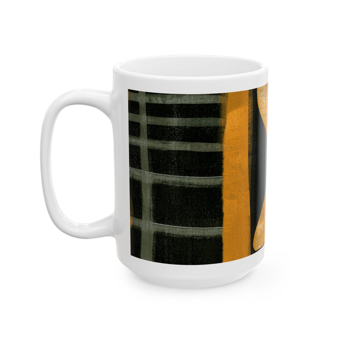Left handle view of 15 oz Afrocentric abstract coffee mug featuring bold geometric shapes and textured patterns in red, gold, black, green and cream, displayed against a white background.