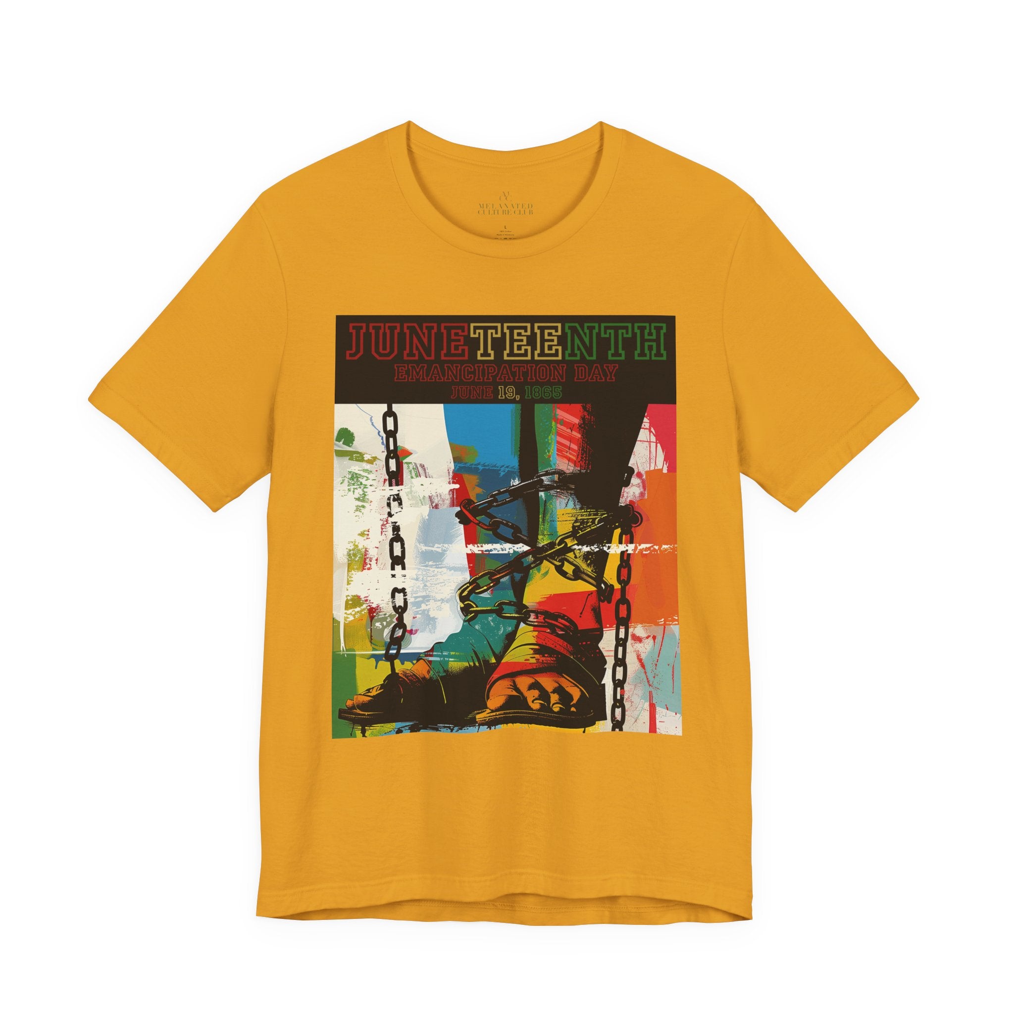 Juneteenth Emancipation Day tee shirt featuring chains wrapped around bare feet symbolizing liberation from slavery, freedom, resilience, and African American history.