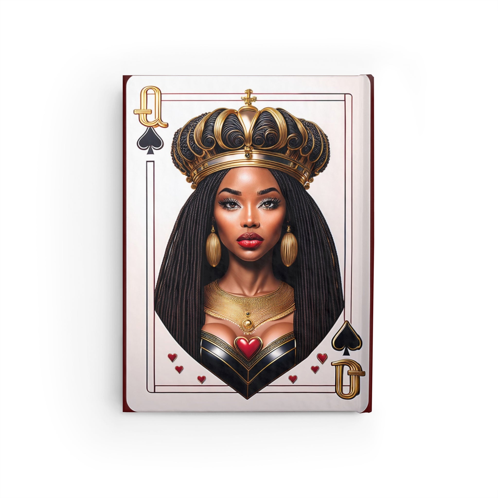 Black Queen of Spades Journal featuring an African American woman with a gold crown, inspired by royalty and empowerment. Afrocentric notebook available with blank or ruled line pages, perfect for sketching, writing, or daily journaling.