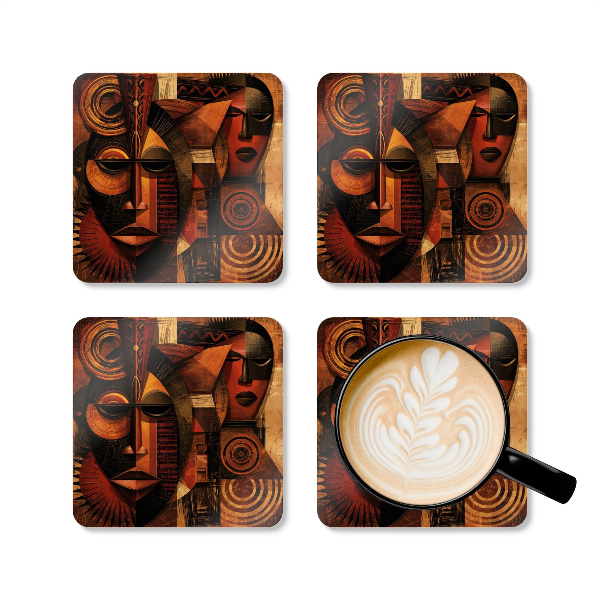 Set of 4 African Mask coasters with a coffee mug placed on top of one of the coasters.