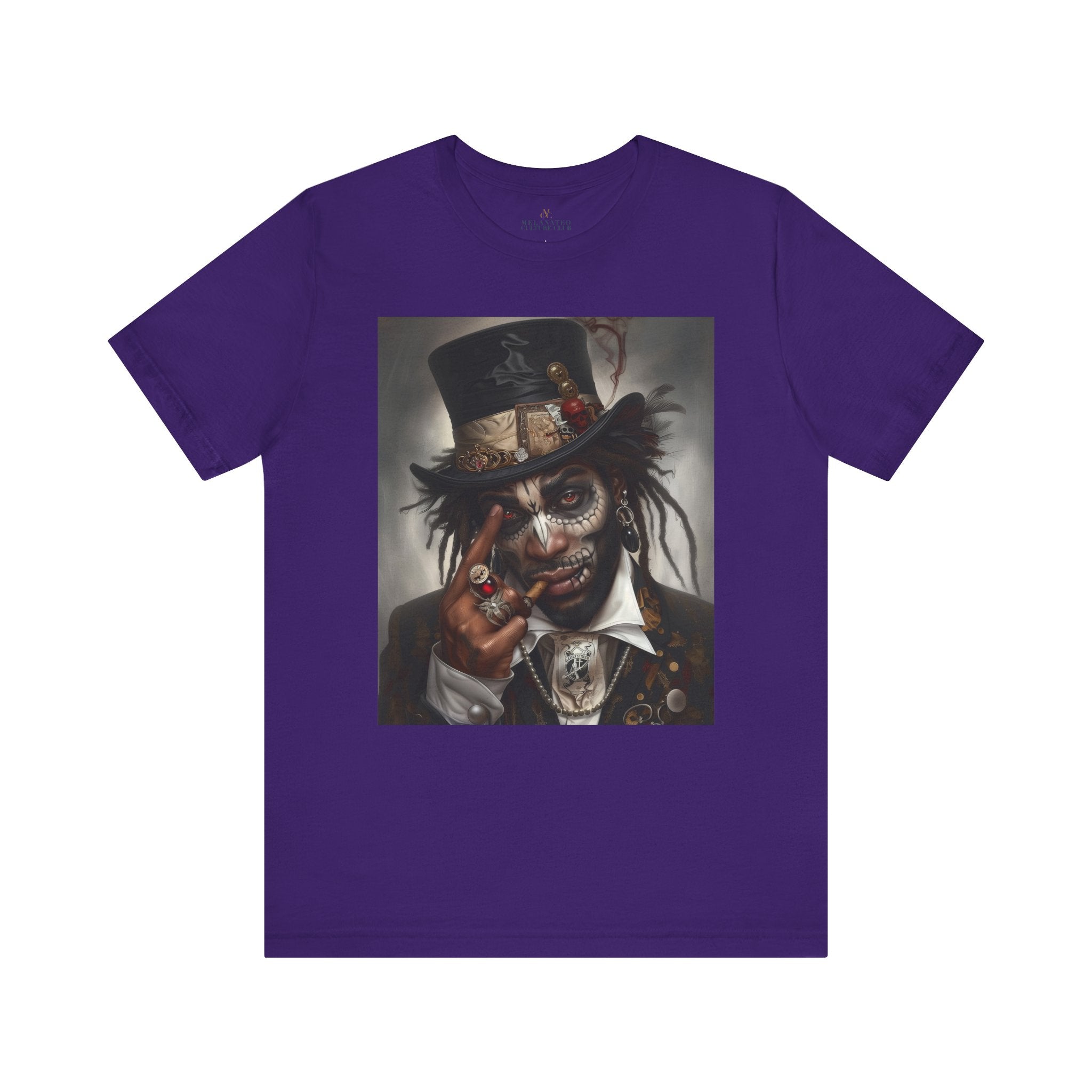 Voodoo Priest Tee Shirt featuring an Afrocentric gothic design of a voodoo priest in a top hat with skull face paint, red eyes, dark fantasy Afrocentric streetwear. (Front style)