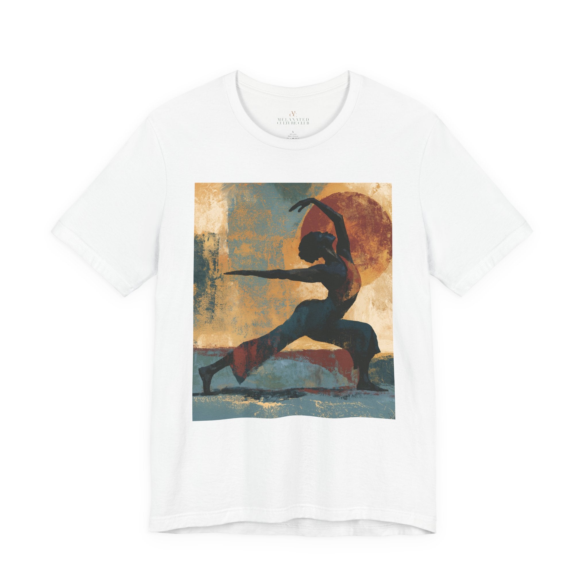 A white short-sleeve crewneck t-shirt featuring a Black woman in a yoga pose against a warm, abstract sunset background.