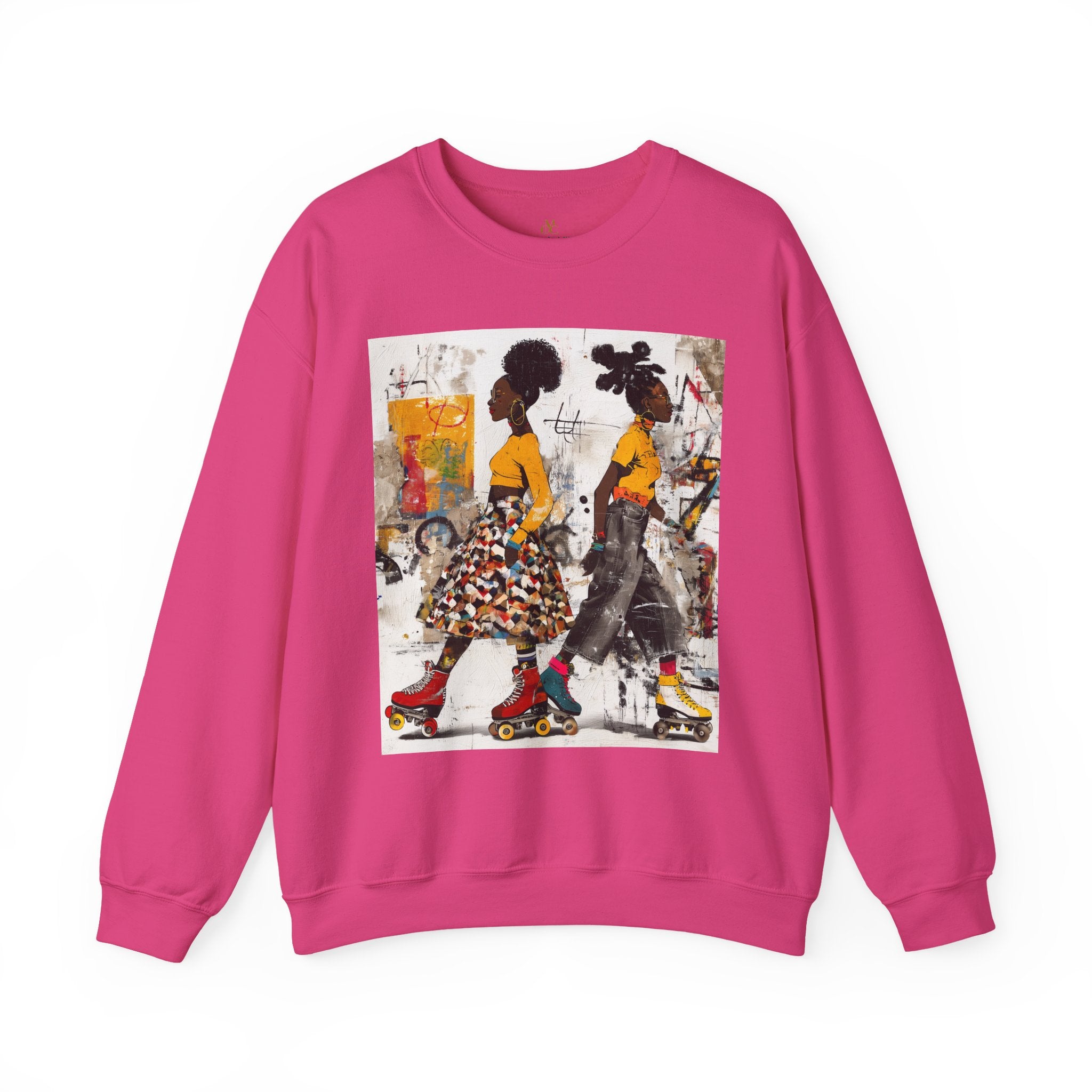 Two Black women with natural hairstyles wearing bold streetwear and roller skates, standing against a colorful abstract graffiti background on an Afrocentric graphic sweatshirt.