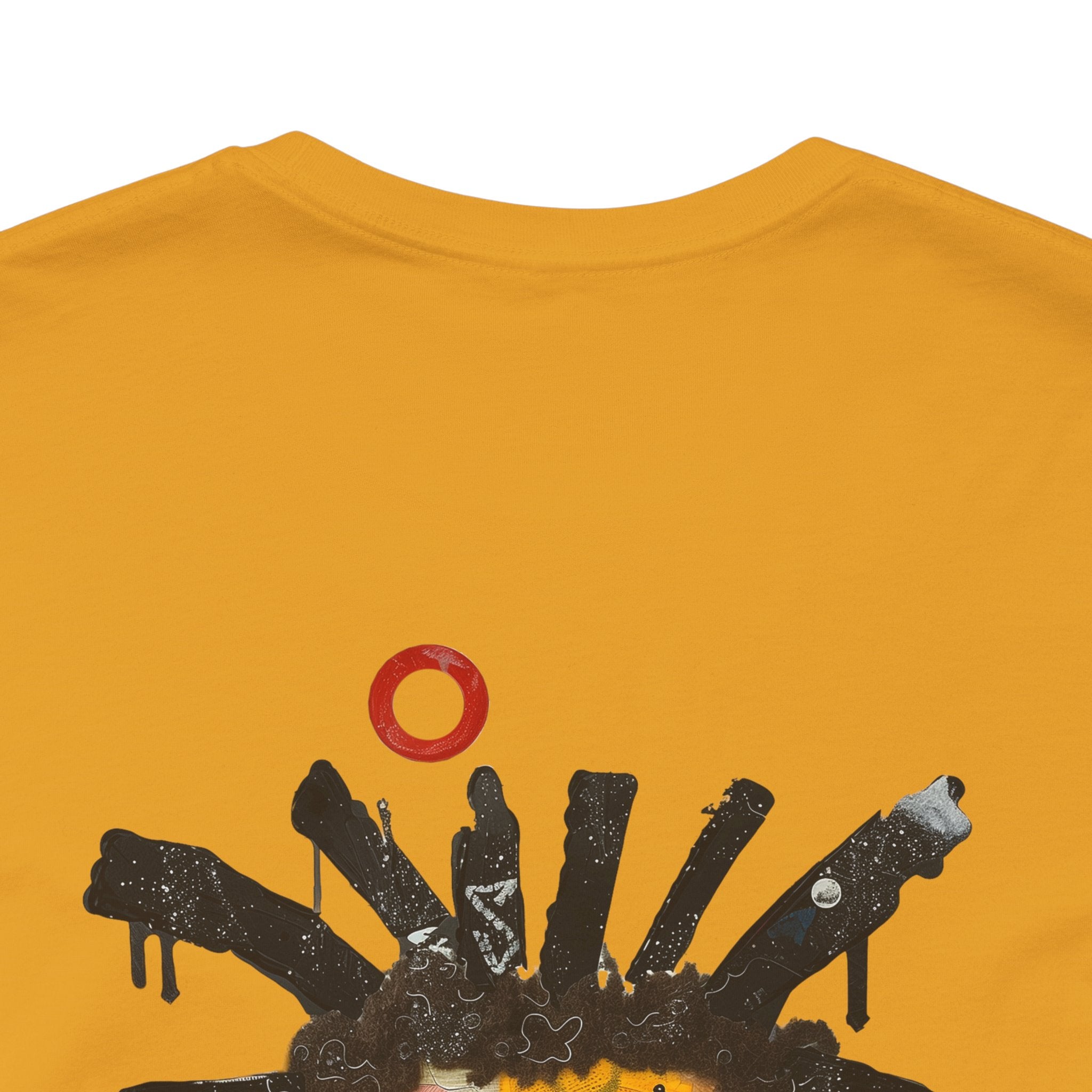 Abstract Afrocentric t-shirt featuring a split-face portrait of a Black man, half human and half robot, with expressive facial features and futuristic mechanical details in an Afrofuturism art style.  Robot man art on both front and back of t-shirt. Series 02