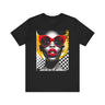 Black Woman Shock Pop Art Tee Shirt featuring an Afrocentric retro comic style illustration of a surprised Black woman. Bold psychedelic colors and vintage streetwear design celebrating African American fashion and expressive art.