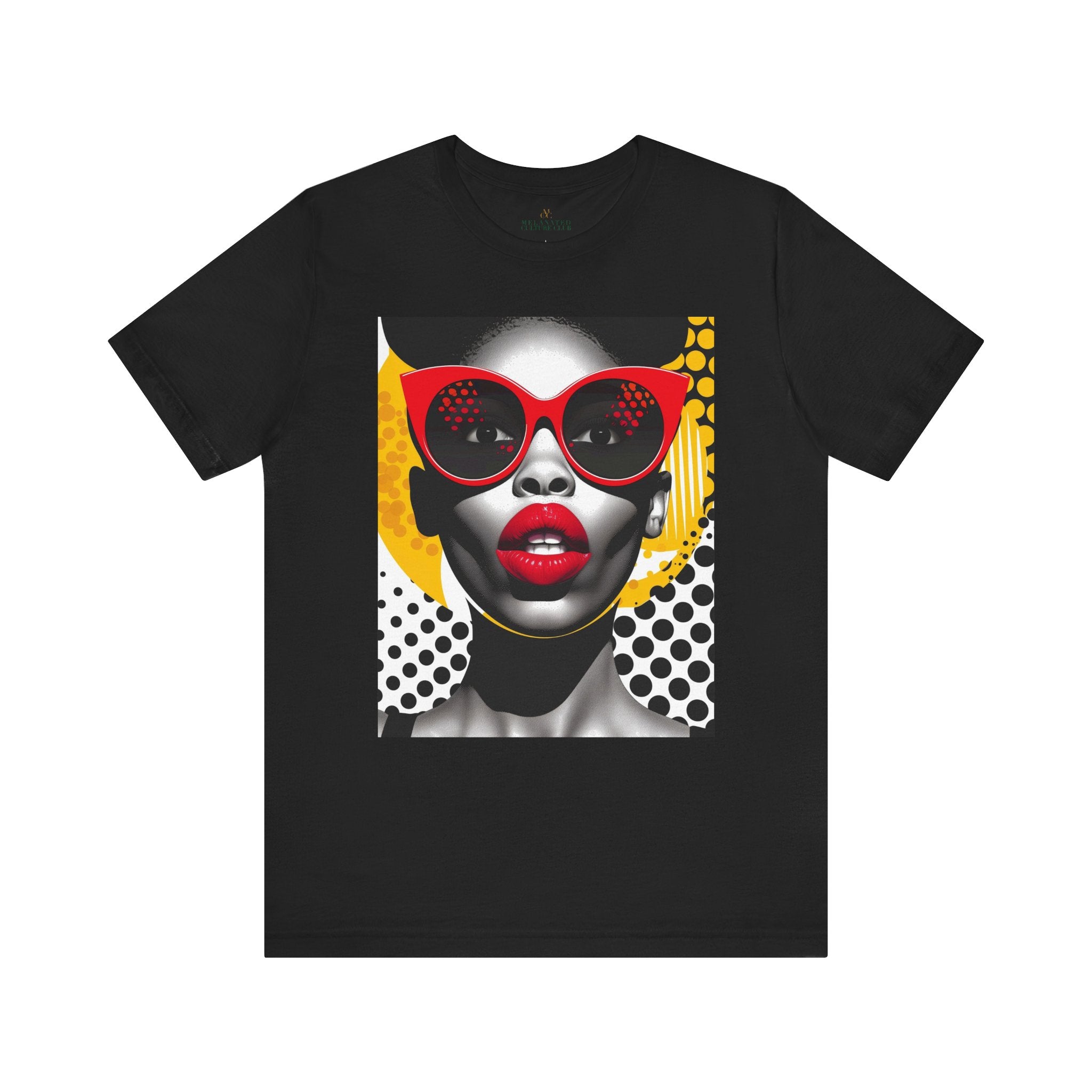 Black Woman Shock Pop Art Tee Shirt featuring an Afrocentric retro comic style illustration of a surprised Black woman. Bold psychedelic colors and vintage streetwear design celebrating African American fashion and expressive art.