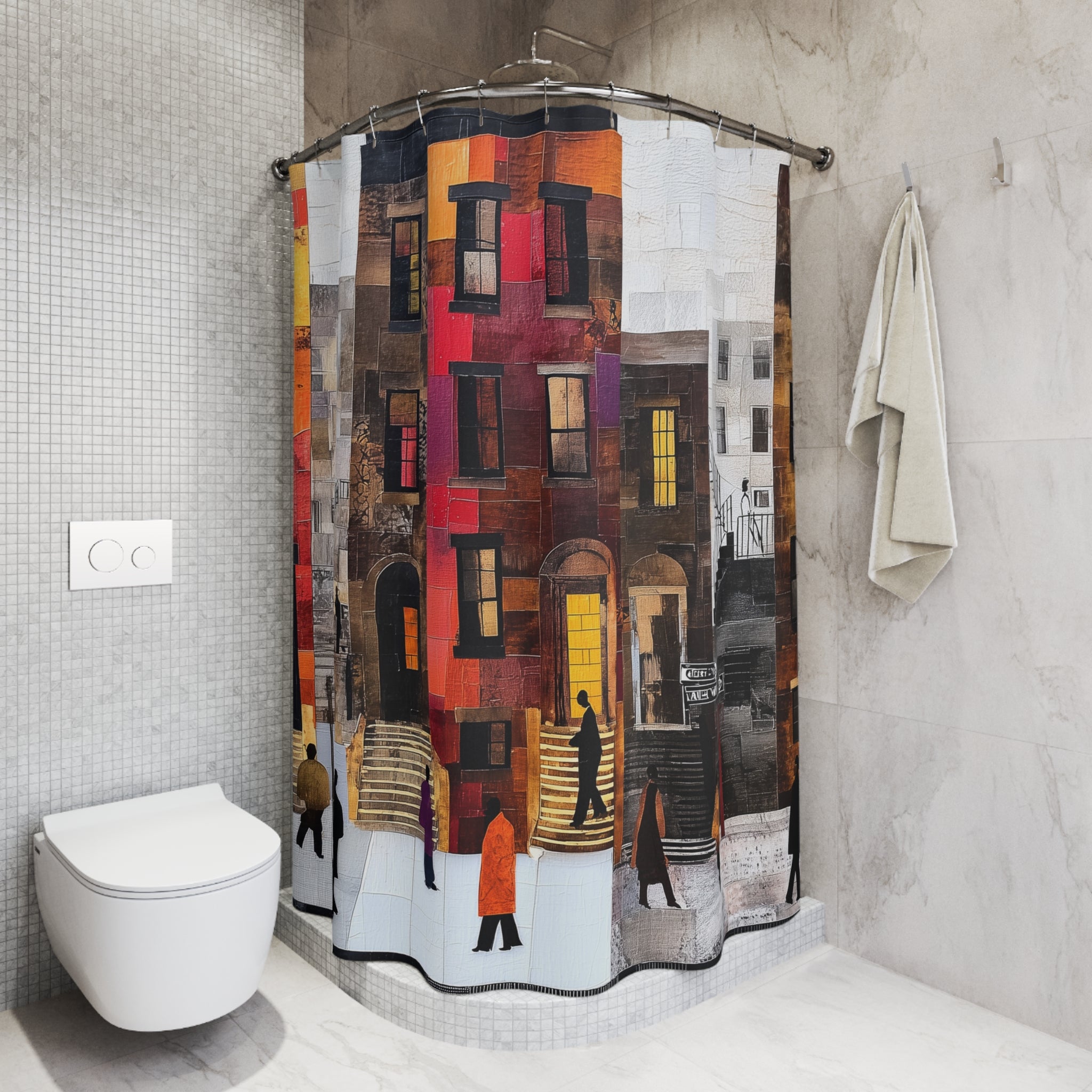 Afrocentric shower curtain featuring Harlem brownstones with Black neighbors gathering on a vibrant street scene inspired by historic NYC community life.