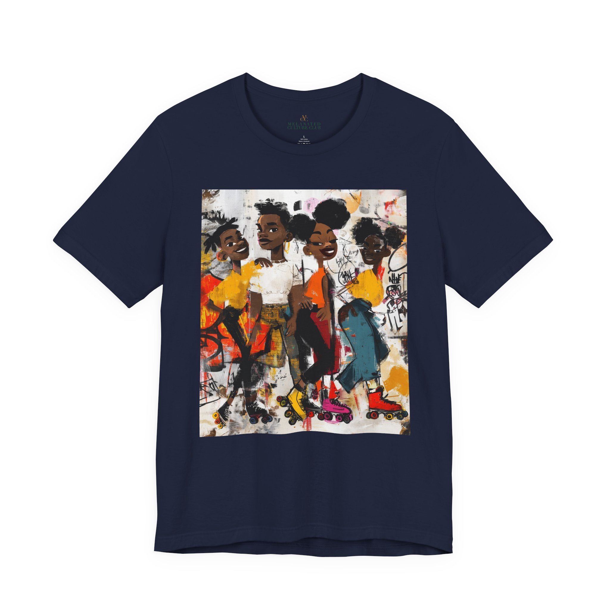 Abstract graffiti-style cartoon illustration of Black roller skaters dancing and skating at a roller rink, featuring vibrant colors, urban street art influences, and Afrocentric cultural themes on a unisex graphic tee shirt.