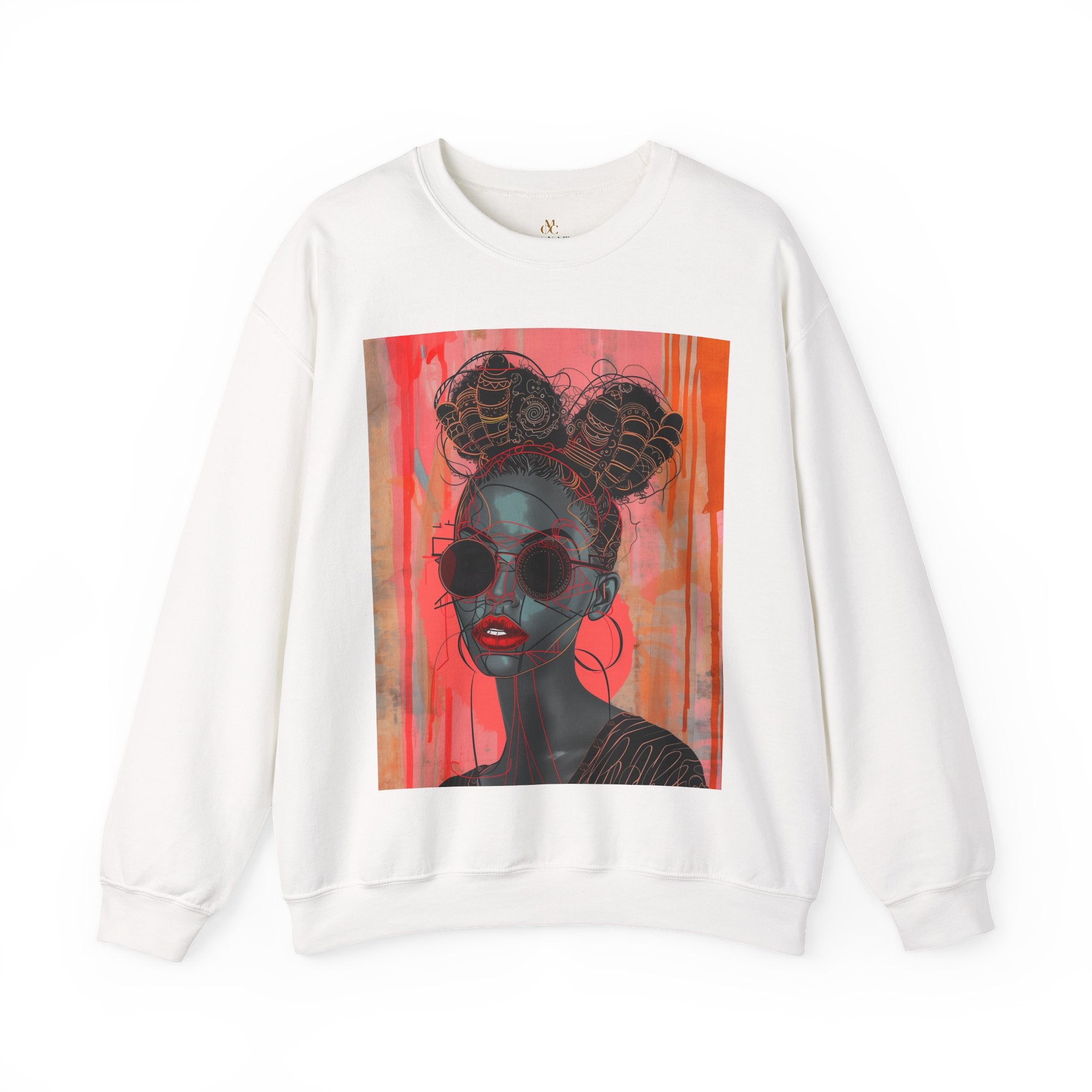 Black Woman Afrofuturism Sweatshirt featuring African American woman with Bantu knots and round fashion sunglasses, Afrocentric unisex top with futuristic and cultural design.