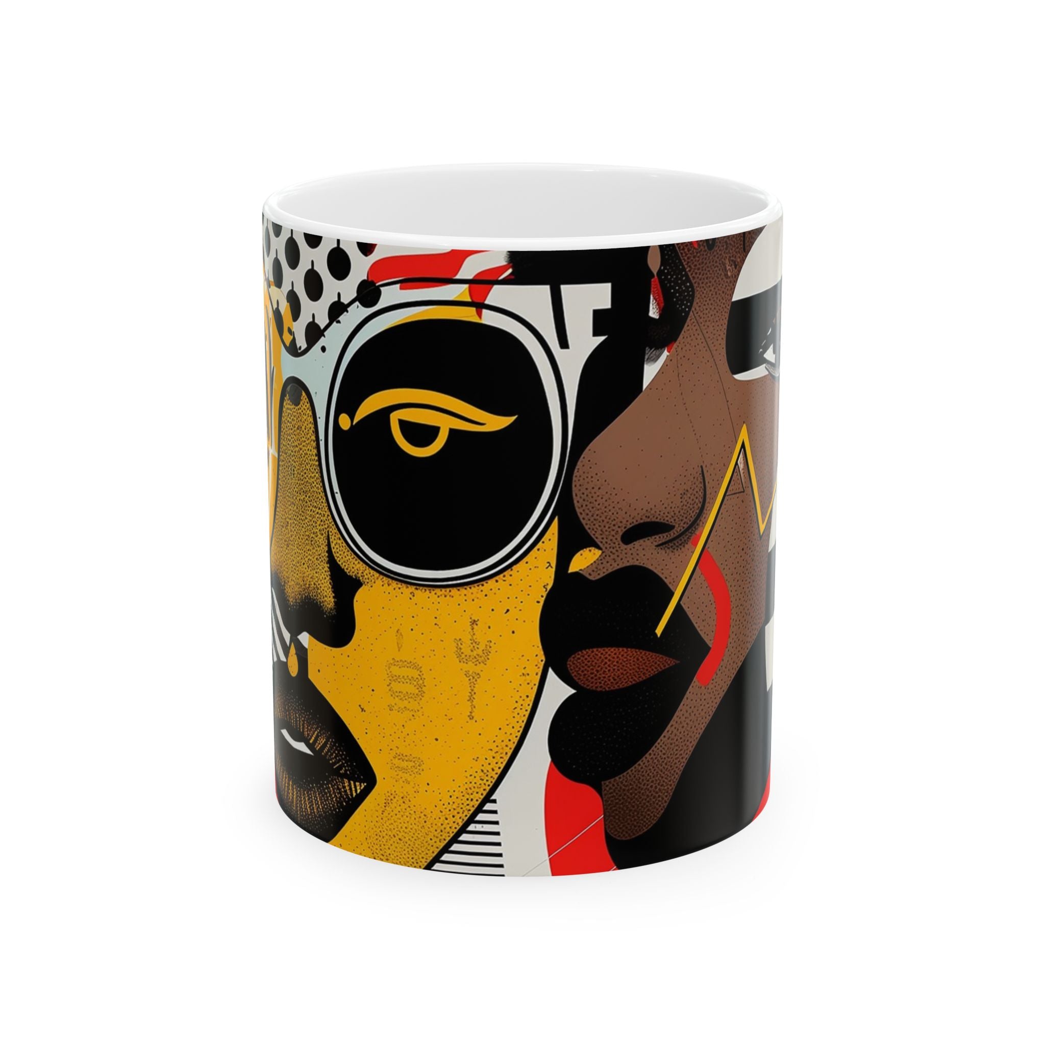 Coffee mug featuring two soulful Black sisters in colorful abstract Afrocentric collage artwork with bold pop art, graffiti-inspired textures, and vibrant contemporary styling.  11 oz size, front view.