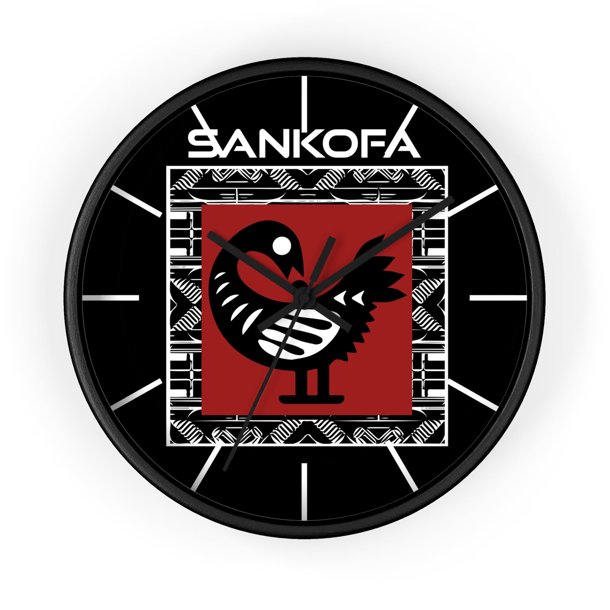 Adinkra Sankofa Wall Clock featuring the Ghanaian “Go Back and Get It” bird symbol. Afrocentric wall decor celebrating African heritage and ancestral wisdom.