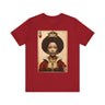 Black Queen of Hearts Tee Shirt featuring an illustrated African American woman with an afro and gold crown, styled as the Queen of Hearts playing card. Afrocentric vintage-inspired streetwear design in bold red, gold, and black colors.