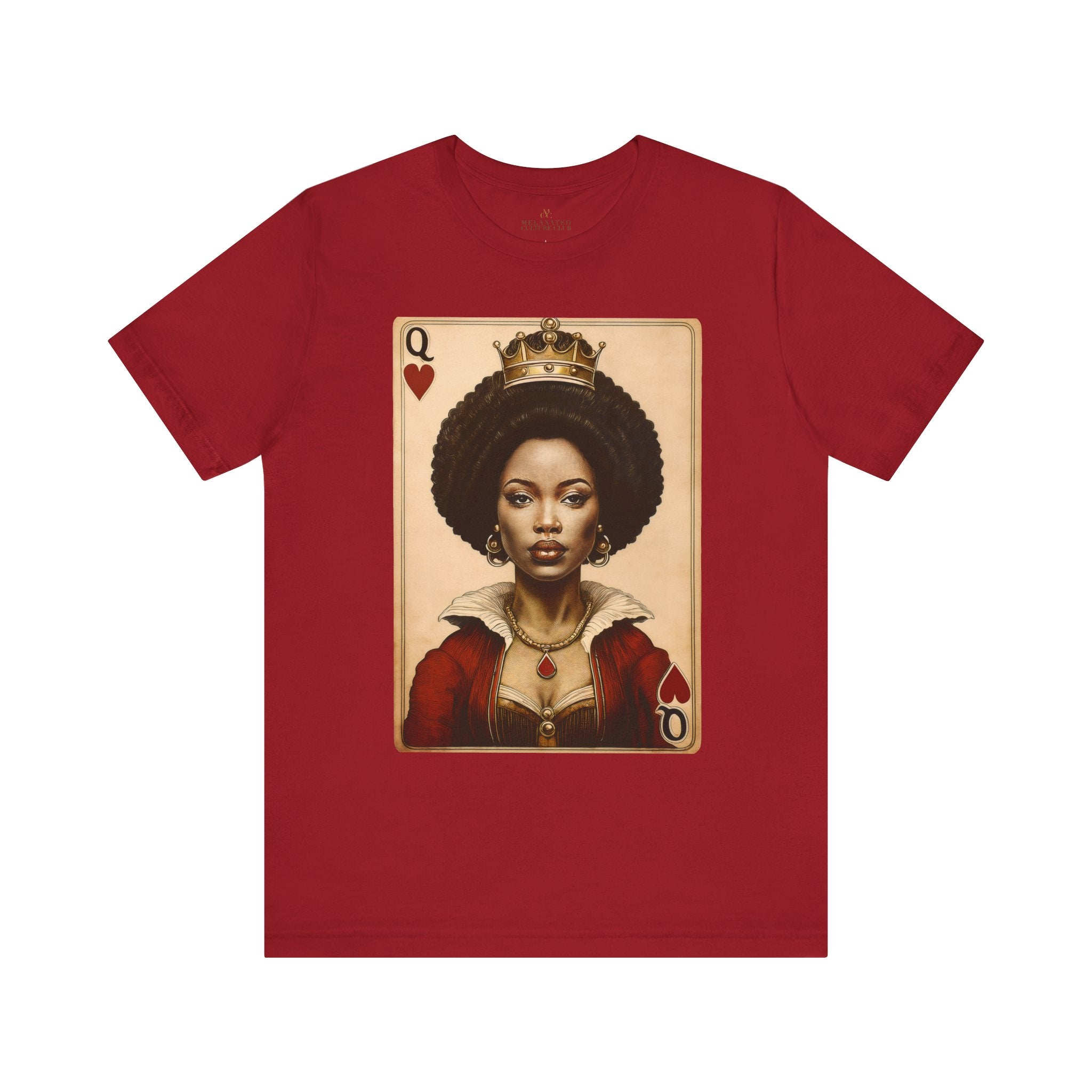 Black Queen of Hearts Tee Shirt featuring an illustrated African American woman with an afro and gold crown, styled as the Queen of Hearts playing card. Afrocentric vintage-inspired streetwear design in bold red, gold, and black colors.